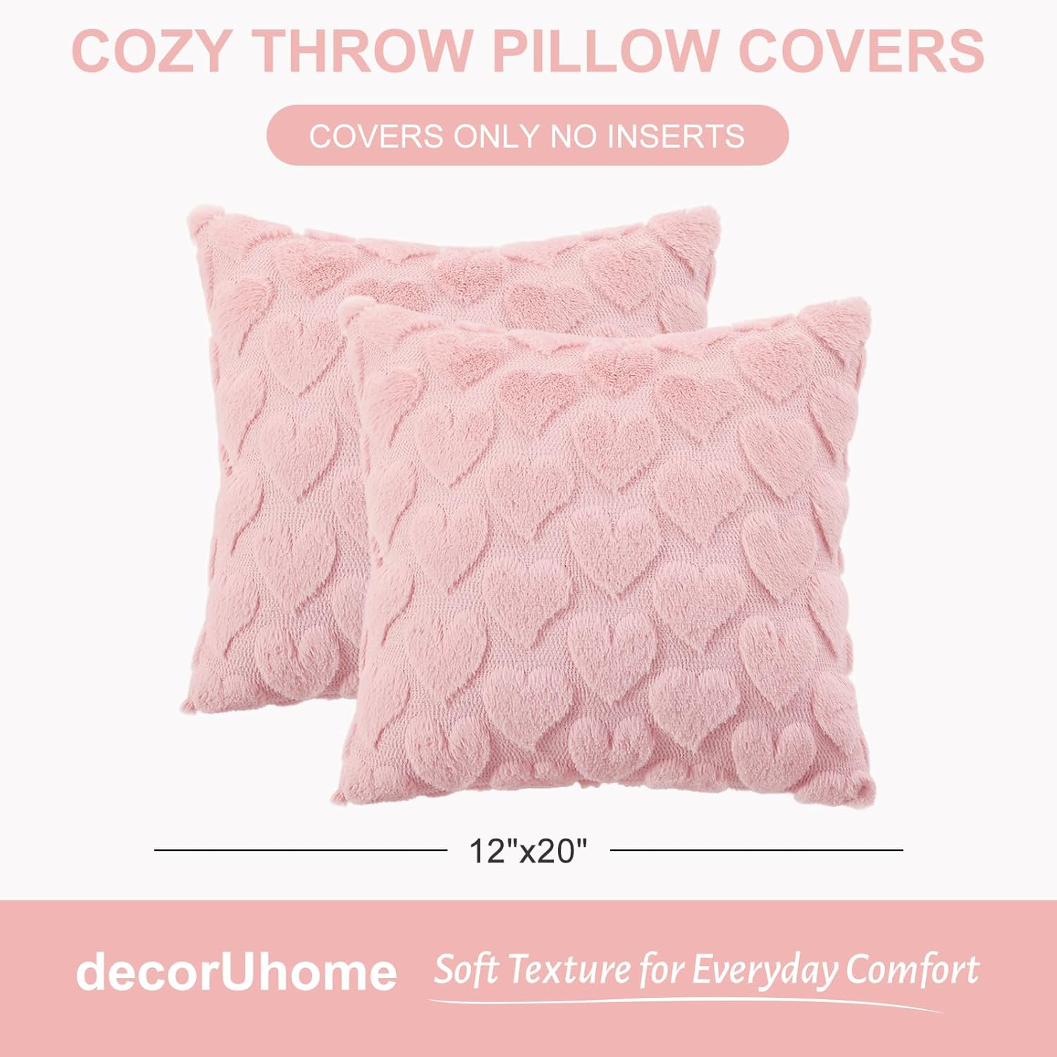 decorUhome Valentine’s Day Soft Plush Throw Pillow Covers 18x18 Inch Set of 2, Faux Fur Pink Heart Decoration Neutral Square Pillow Covers for Couch Sofa Bed Cozy Farmhouse Holiday Decor - Image 6
