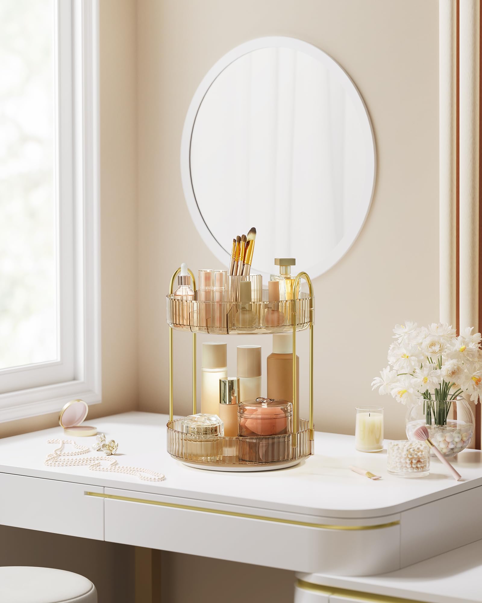 SONGMICS Makeup Organiser Rotating, 2-Tier Round Skincare Organiser, Customisable, Toiletries Cosmetics Organiser, Gift - Image 2
