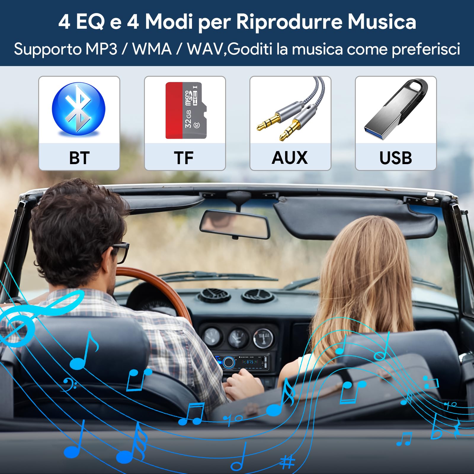 Autoradio Bluetooth,Wistrue Stereo Auto Bluetooth Autoradio 1 DIN FM Radio Auto Lettore MP3 Supporta 2 USB/Ricarica rapida/SD/AUX/Telecomando/supporto iOS/Android