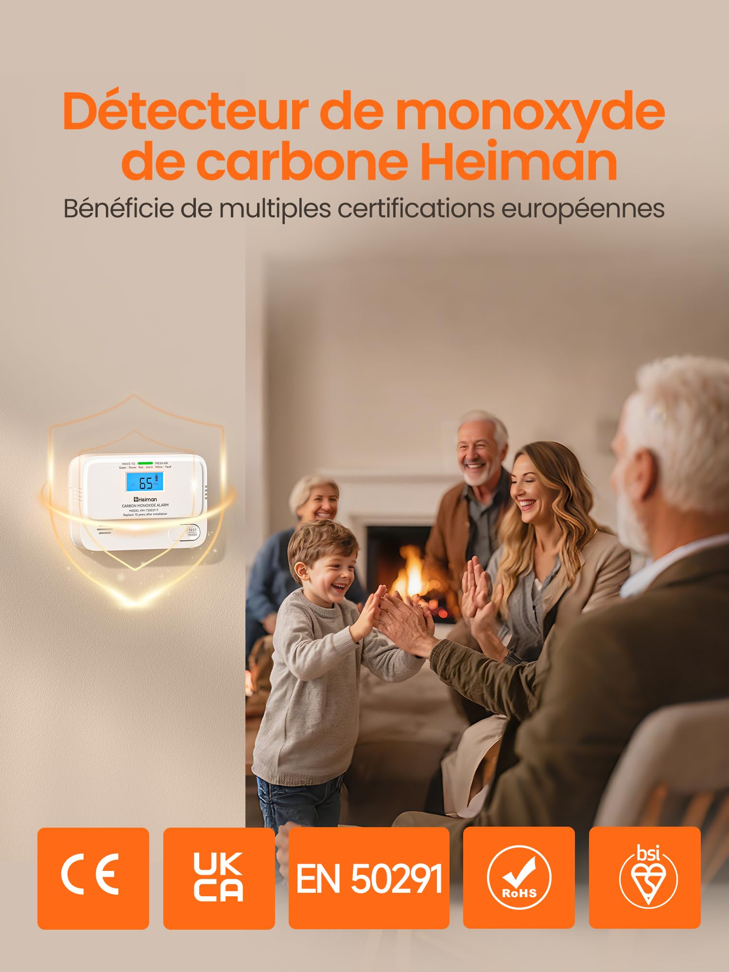 Heiman Détecteur de Monoxyde de Carbone, Certifié en 50291, Détecteur de CO avec Pile Remplaçable de 10 Ans, Écran LCD Digital et Capteur Électrochimique Haute Précision, Bouton de Test/Silence