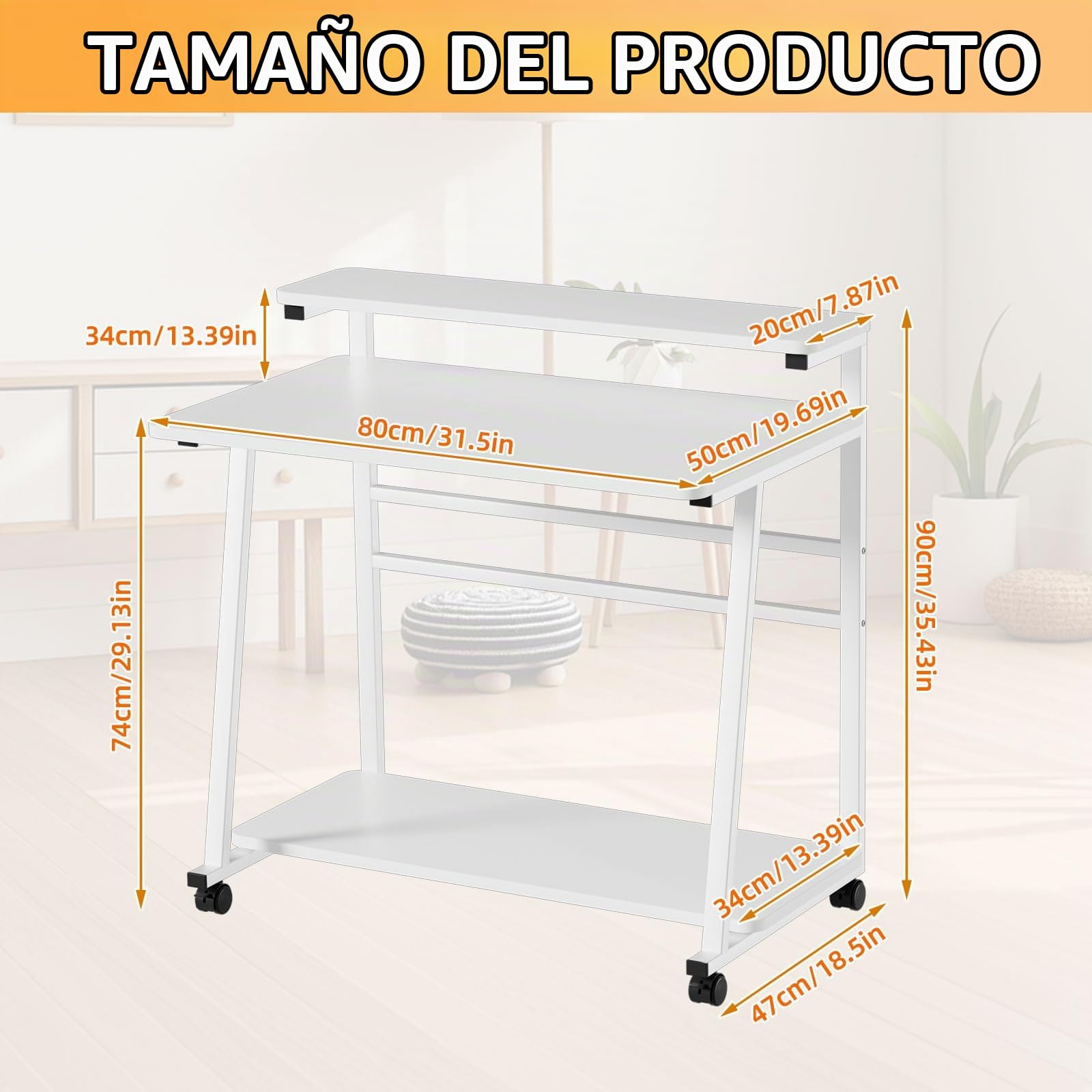 Mesa para Ordenador con 4 Ruedas Estación de Trabajo para Computadora con Estante Stable Escritorio en Forma de H Mesa para portátil Escritorio Pequeño para Oficina en Casa 80x50x90CM (Blanco)
