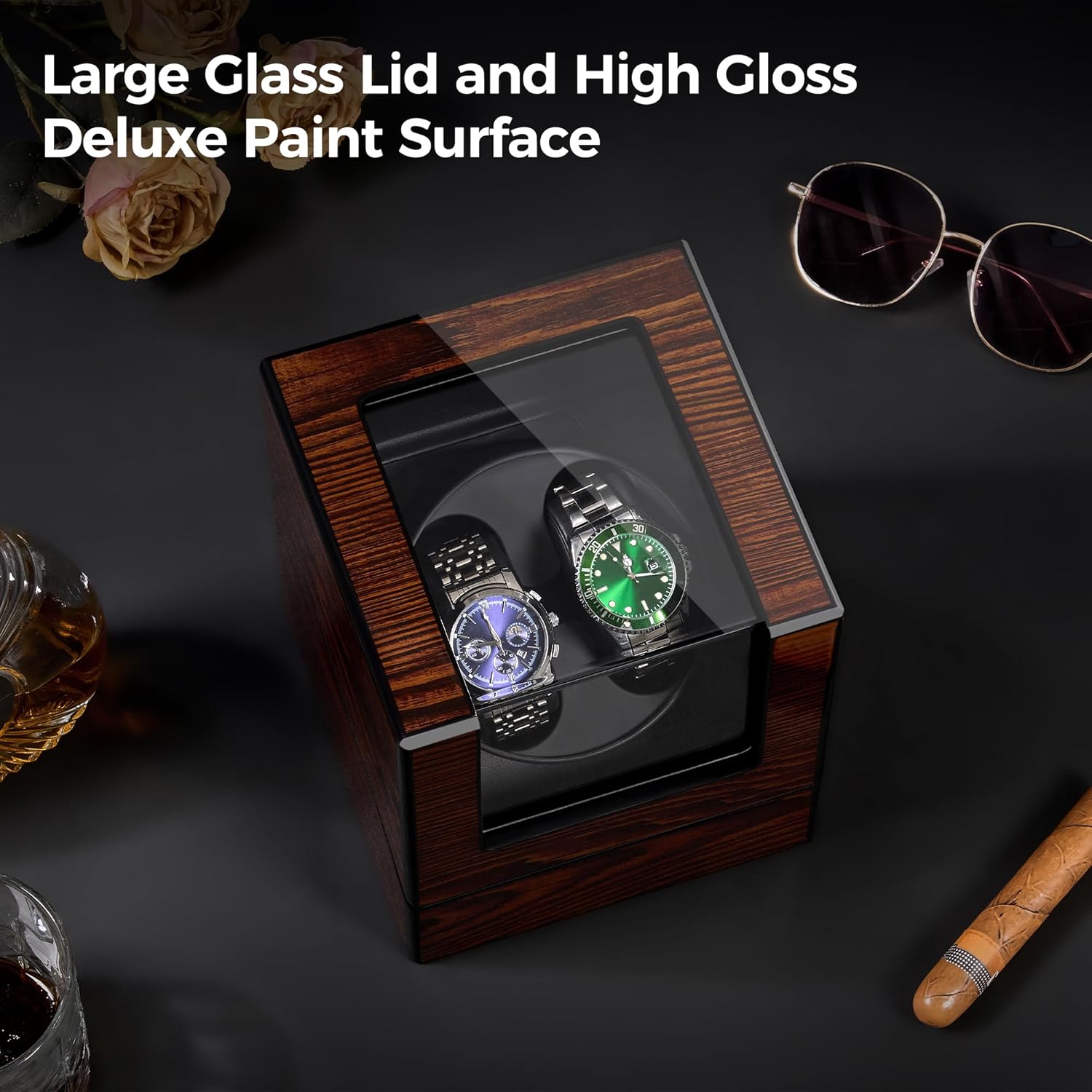 BEWISHOME Watch Winder for Automatic Watches, Automatic Watch Winder Box Watch Spinner with LED Light, Double Watch Winder with Quiet Motor Wooden 4 Modes Battery or Type-C Adapter, Brown SYQ02Y
