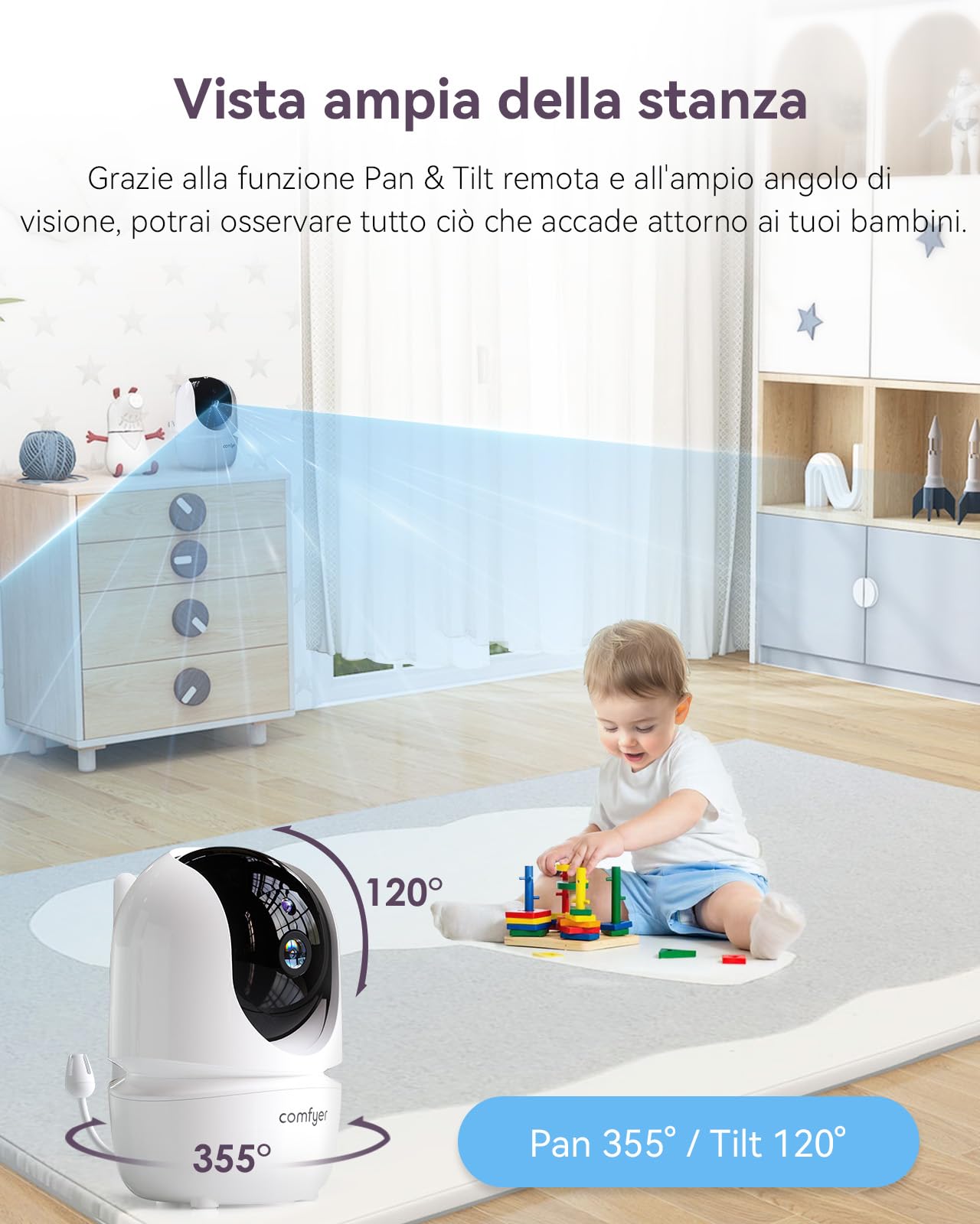Comfyer Babyphone con fotocamera, funzione Vox portatile, sensore di temperatura, visione notturna, 2,4 GHz, telecamera di sorveglianza interna, citofono, ninna, lunga durata della batteria, 1080P