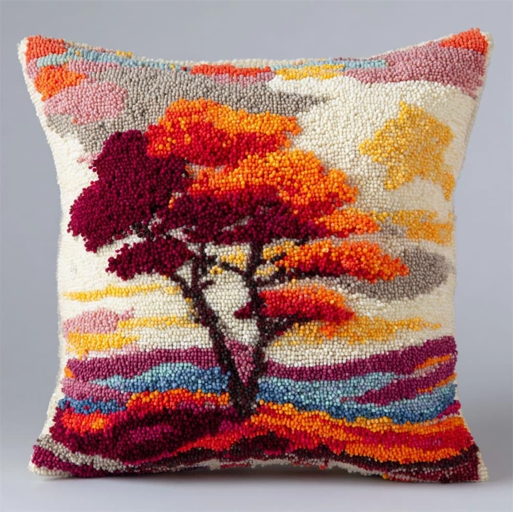 FWRTYCB DIY Latch Pillow Case Kits Sunset Mountain Tree Crochet Cushion Co