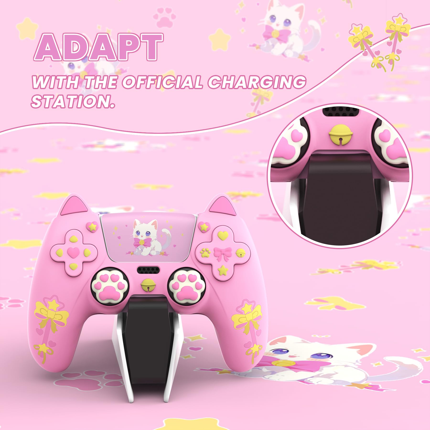 PlayVital Funda de Silicona para ps5 Mando - Cubierta Protectora con 6 Tapas de Joystick y 6 Pegatinas, Suave y Antideslizante, Compatible con Base de Carga Oficial, Sweetheart Kitty Diseño (Rosa)
