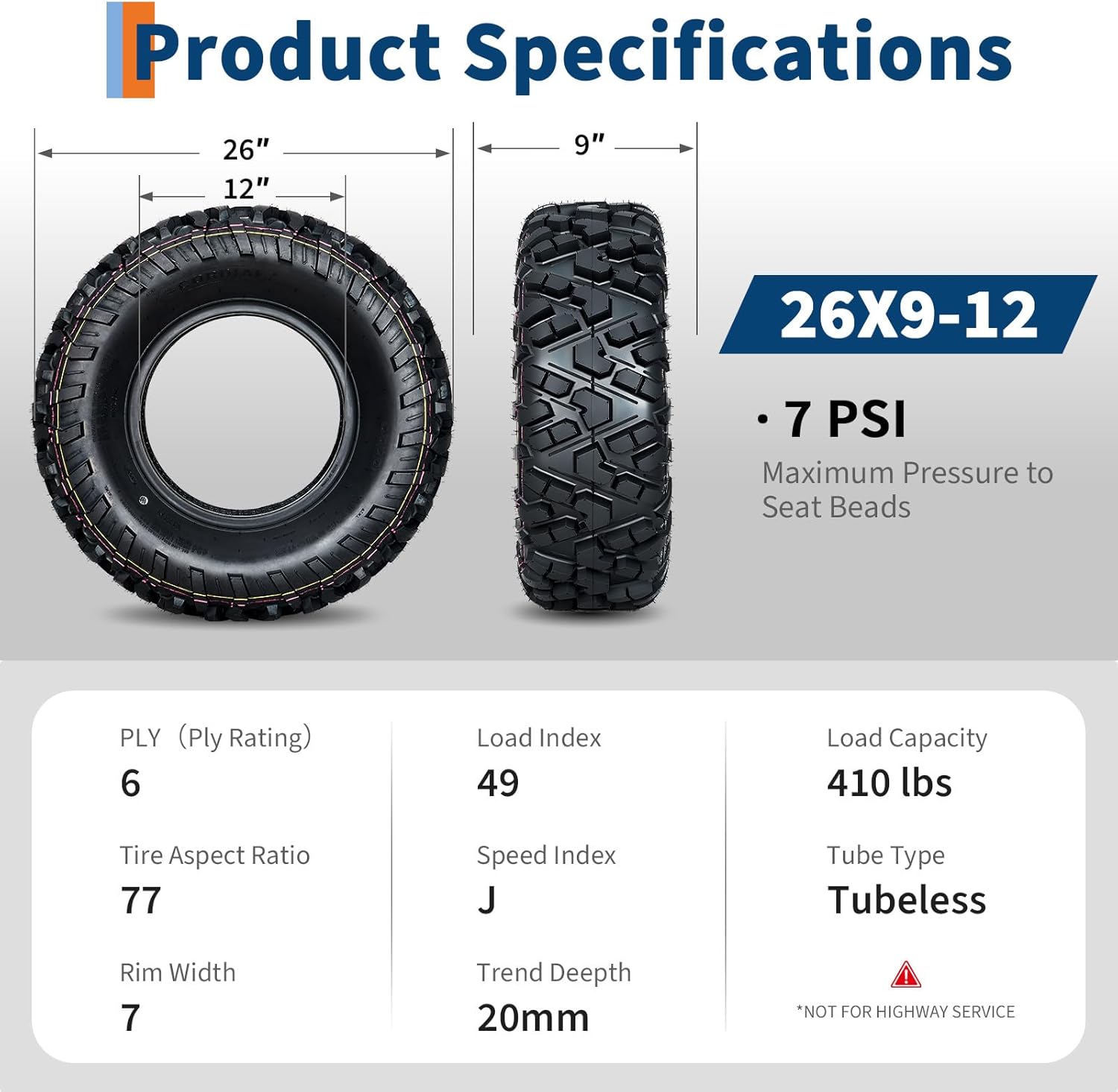 GarveeTech 26x9-12 ATV UTV Tires,26x9x12 All-Terrain ATV Tires for Rock, Sand, Mud, Trail,6PR Tubeless,Pack of 2