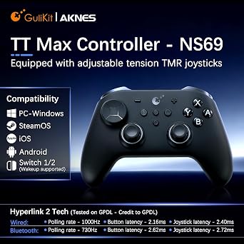 GuliKit TT MAX Revision Wireless Controller for Switch 2/1, PC, Android, iOS, SteamOS with 720 Adjustable Tension TMR Joysticks, 4 Back Buttons, Hyperlink 2 Tech for 2.16ms Low Latency, Switch Wakeup - Black
