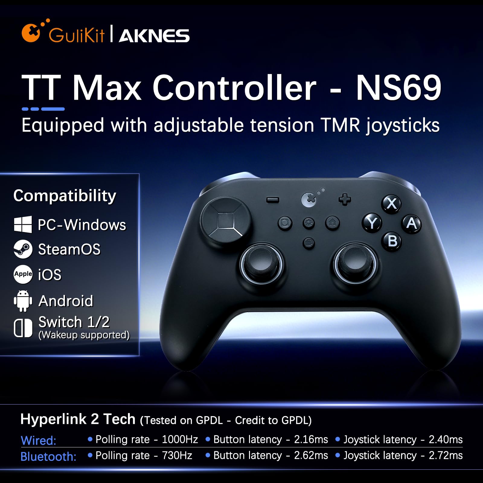 GuliKit TT MAX Manette Sans Fil (Rev.) pour Switch 2/1, PC, Android, iOS, SteamOS avec Joysticks TMR à Tension Réglable sur 720°, 4 Boutons Arrière, Hyperlink 2 pour une Faible Latence de 2,16ms–Noir