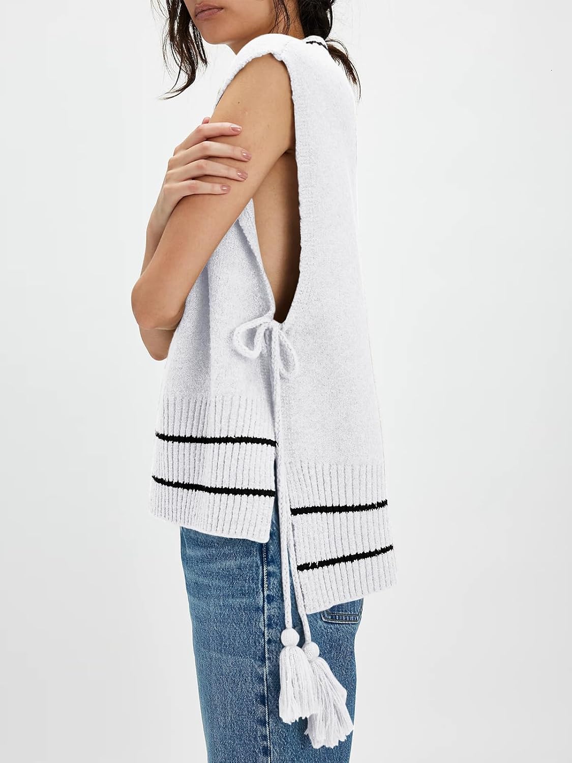 Yesfashion Womens Sleeveless Striped Ponch Sweaters V Neck Color Block Tie Side Going Out Knit Pullover Sweater Vest Tops - Image 2