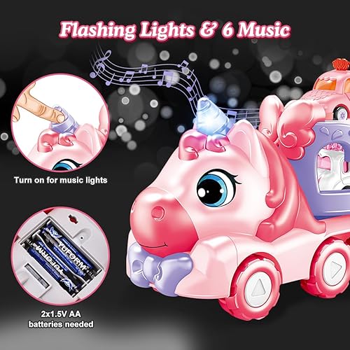 Miniatura 5 de Qizebaby Camión transportador 5 en 1 de juguete para niñas y niños pequeños de 1, 2, 3 años en adelante, autos de juguete de unicornio con música y