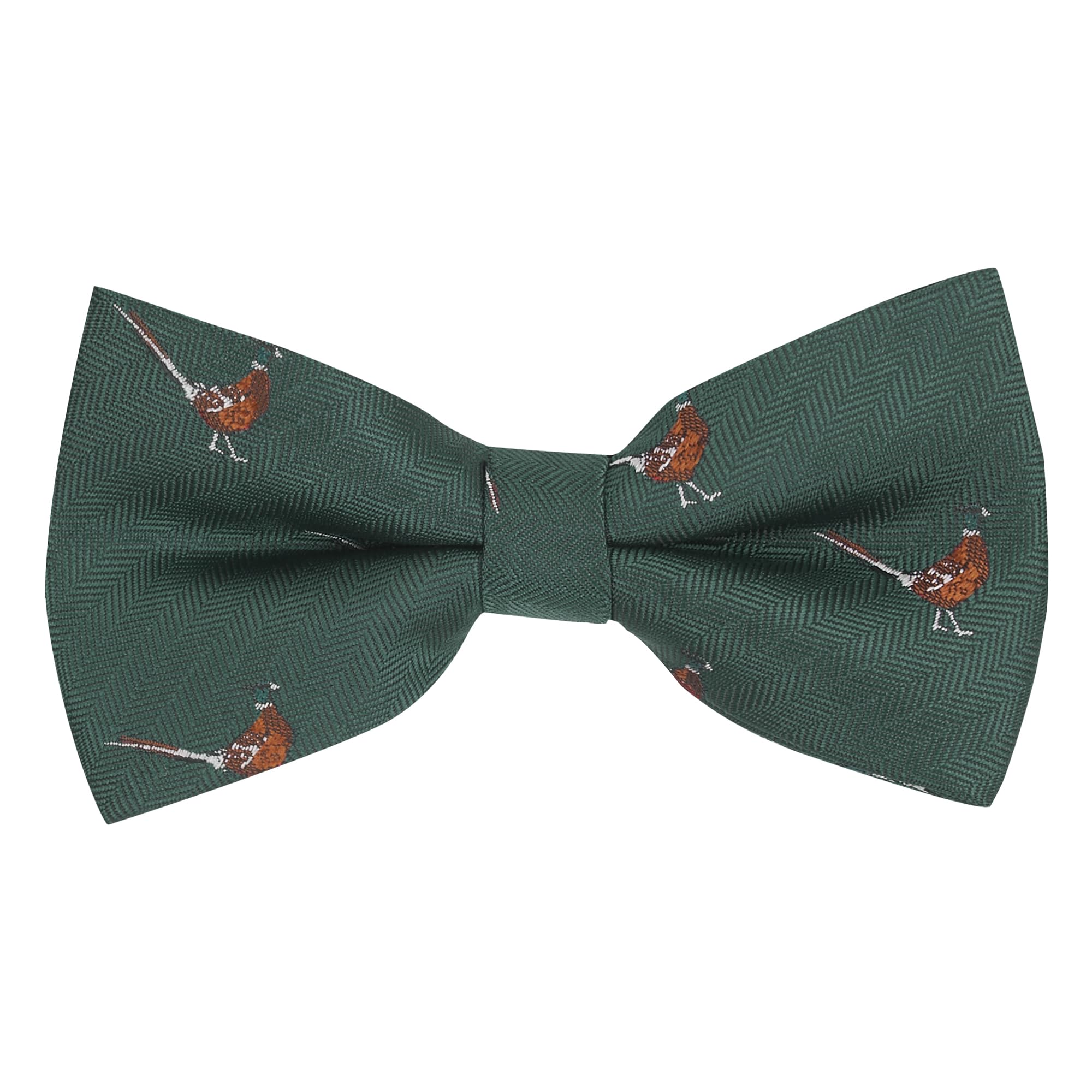 King & Priory Dark Green Herringbone Embroidered Pheasant Bow Tie