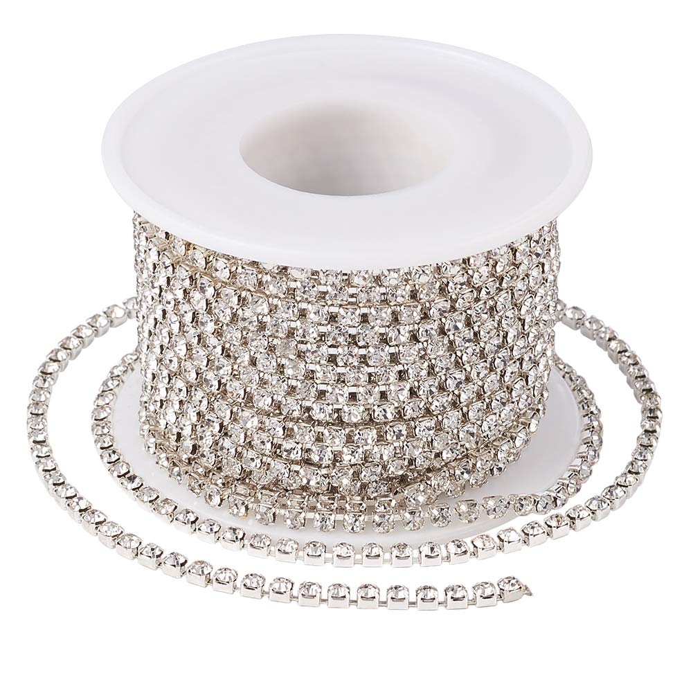 Cheriswelry 10 Yards Rhinestone Chain Clear Crystal 2.8mm Fringe Trimming Sewing Stone Beads String for Jewellery Making Silver Base