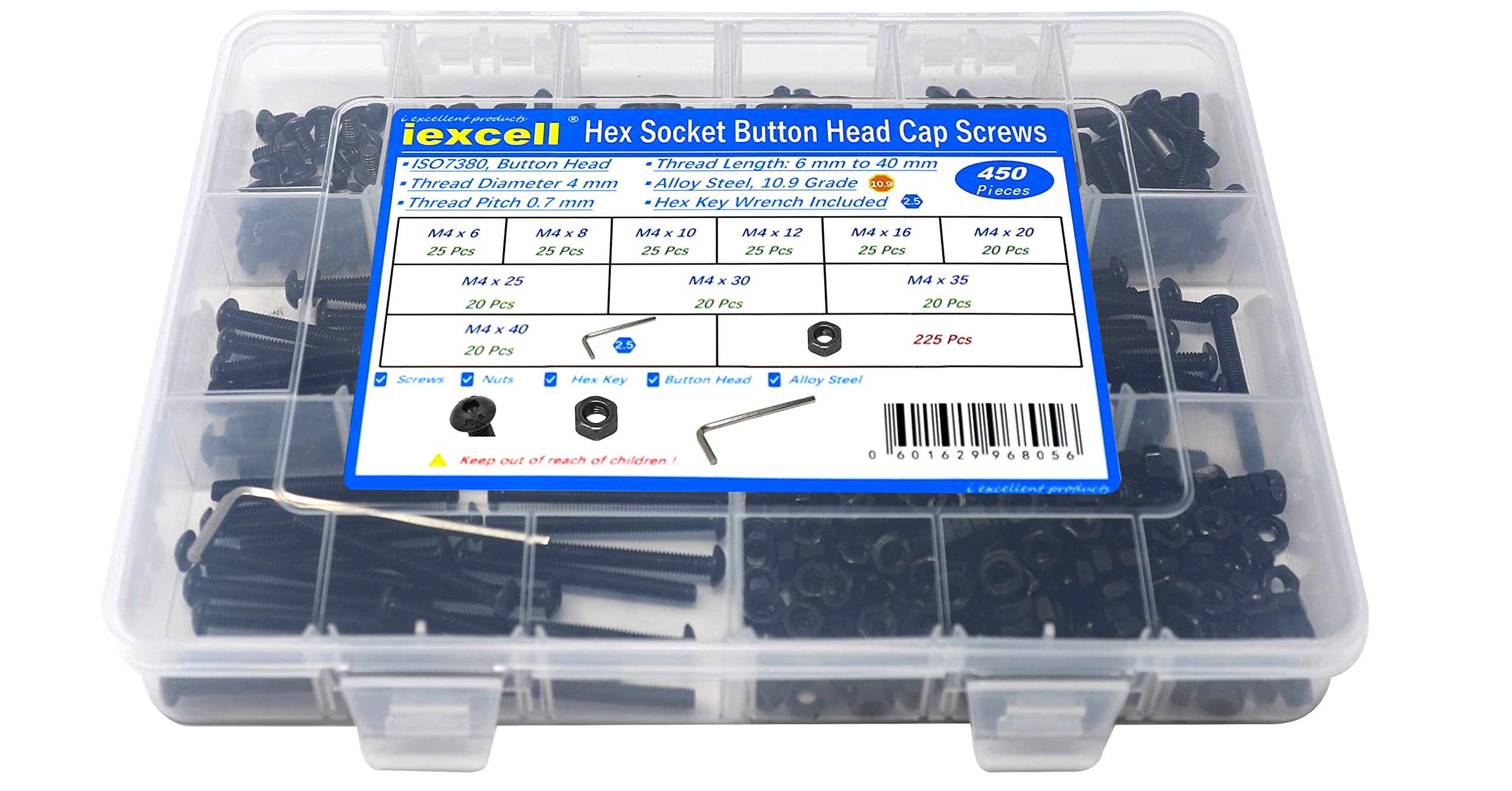 iexcell 450 Pcs M4 x 6/8/10/12/16/20/25/30/35/40 Alloy Steel 10.9 Grade