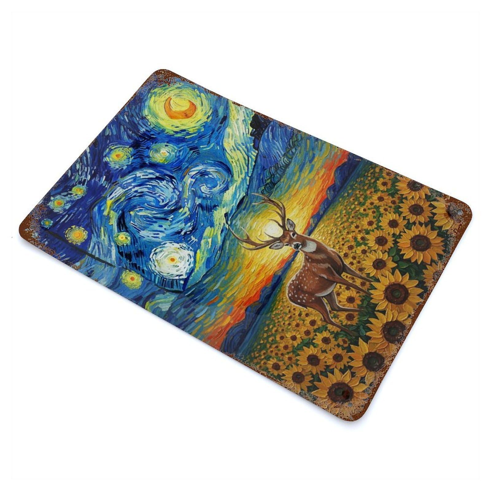 Deer in Sunflower Field, Starry Night Vintage Metal Tin Sign 11.8"x7.9", Old School Wall Decor for Living Room, Hallway And Home Decor