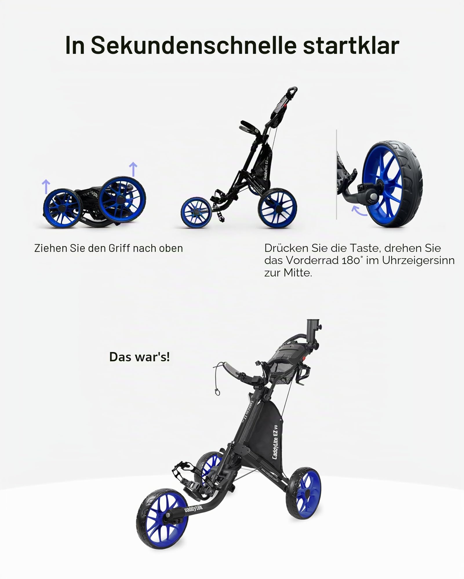 Caddytek CaddyLite EZ V8 Golfwagen mit 3 Rädern, zusammenklappbar, leicht, mit Fußbremse, einfach zu öffnen und zu schließen