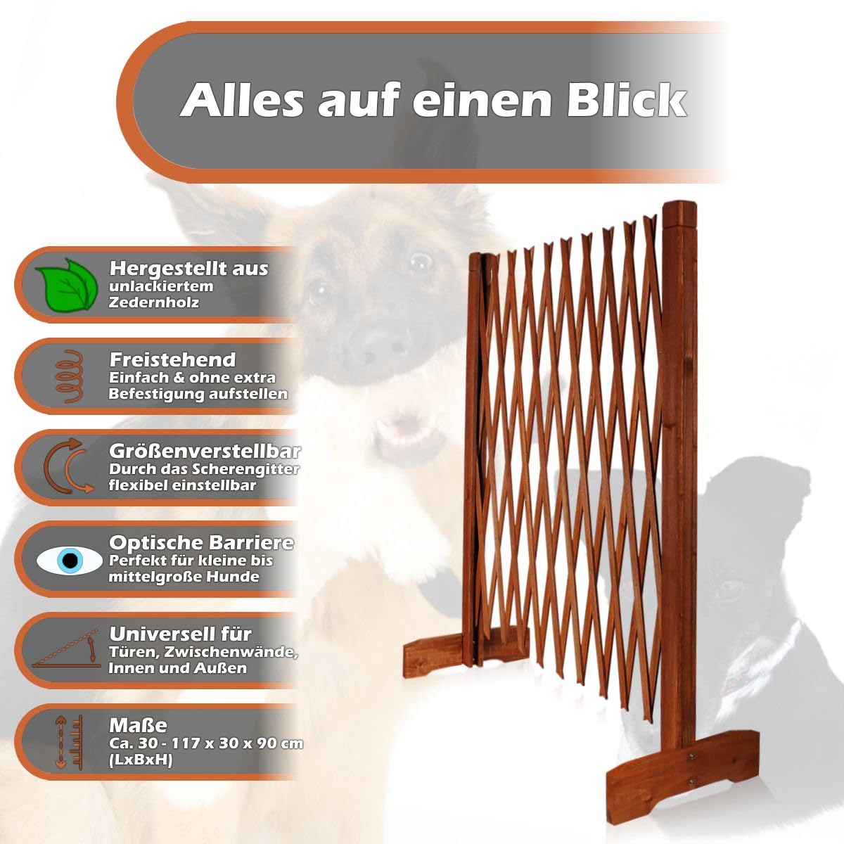 Holzzaun Hund Absperrgitter freistehend flexibel einstellbar Scherengitter Türgitter (1x Zaun)