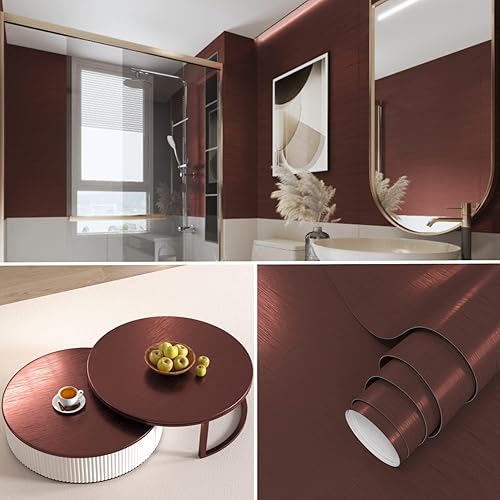 VIOPVERY Papel adhesivo de acero inoxidable marrón rojizo de 15.7 x 197 pulgadas, papel tapiz para despegar y pegar, impermeable, fácil de quitar,