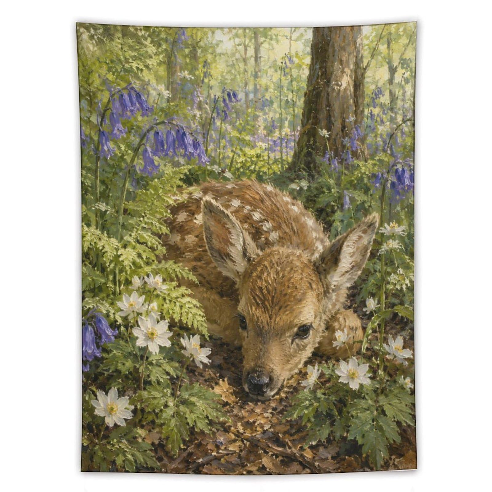 H3B8U2Y5 Fawn in Bluebell Forest Wall Tapestry, Woodland Wildlife