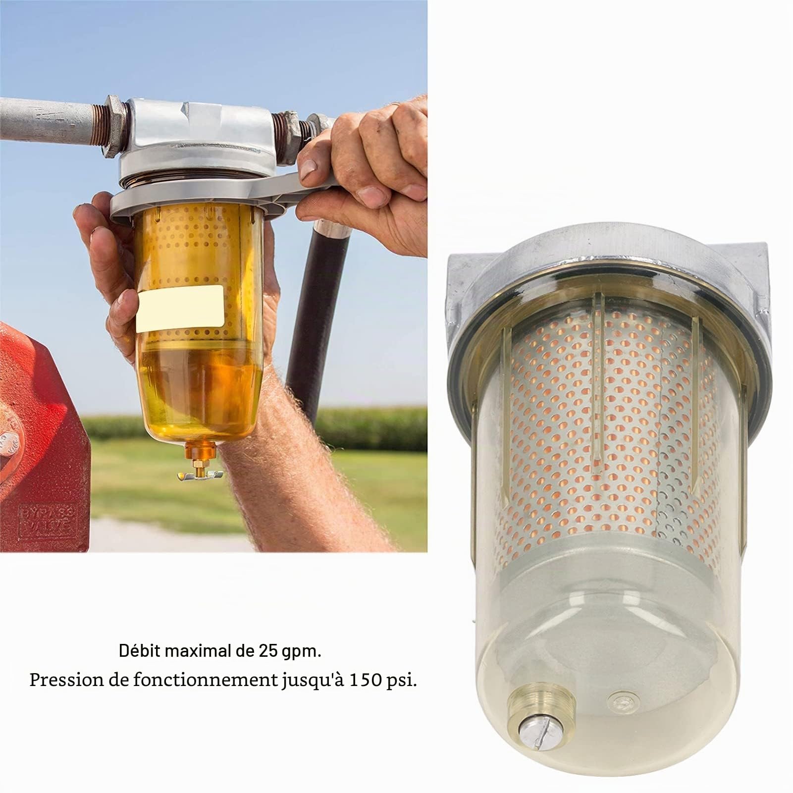 Filtre à carburant transparent 1,3 pouce, Filtre de Remplacement en Acier en Alliage de 30 Micron avec une Soupape de Vidange, 25 Gpm de Débit pour L'essence, diesel