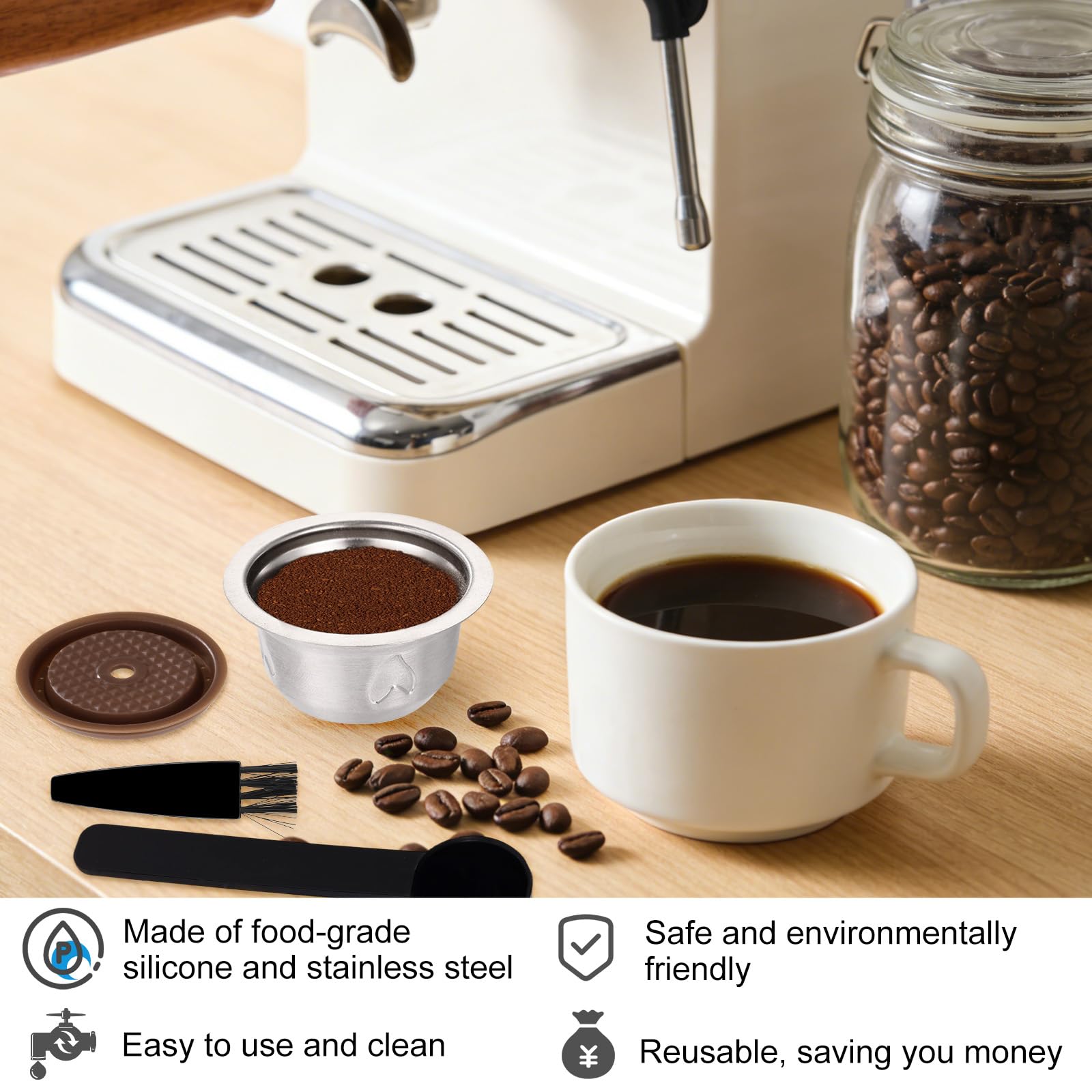 XIHIRCD Capsule Caffè Riutilizzabili Set per Vertuo, Acciaio Inossidabile 150ml Ricaricabili Accessori Capsule Caffe con Coperchio Cucchiaio Pennello Compatibili con Delonghi ENV135 ENV150