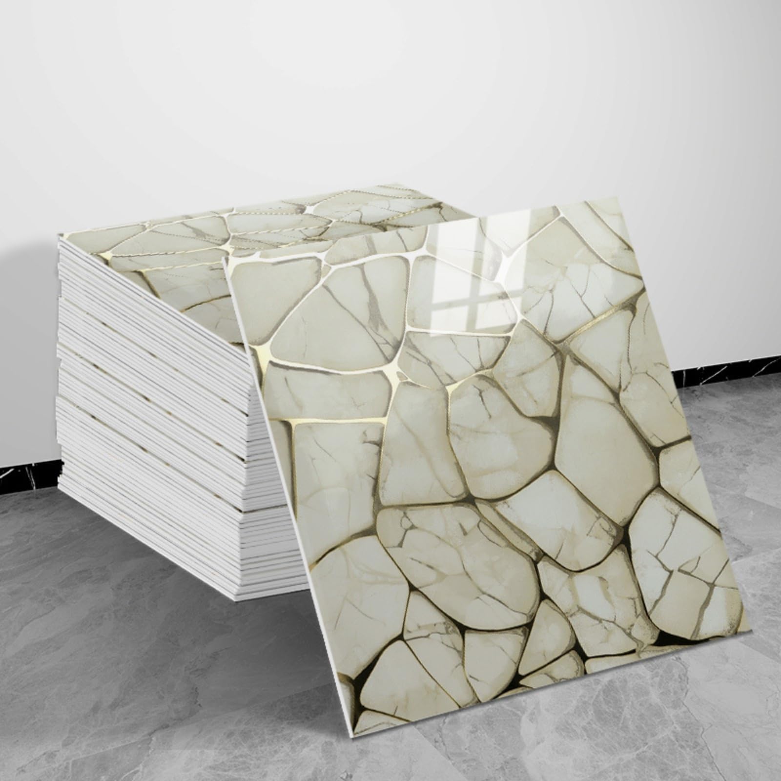 30x30cm Peel and Stick Marble Wall Tiles with Gold Veins, Glossy Waterproof PVC Backsplash for Kitchen Bathroom (20pcs-30x30cm,301)