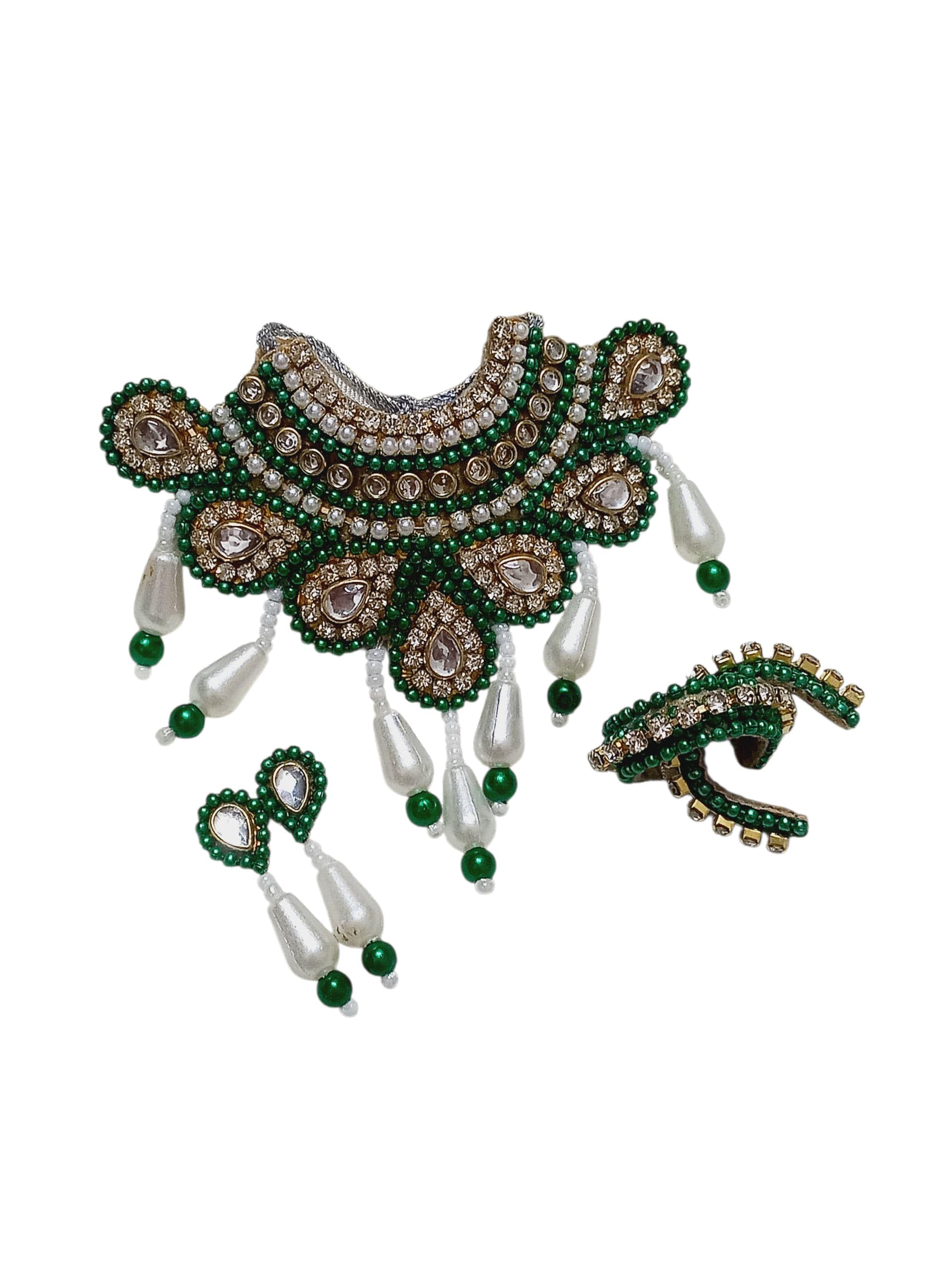 Traditional Gopal ji Necklace Jewelry Set with Green Pearl Beads, Crystal Stones, White Drop Pearls, Necklace Earrings