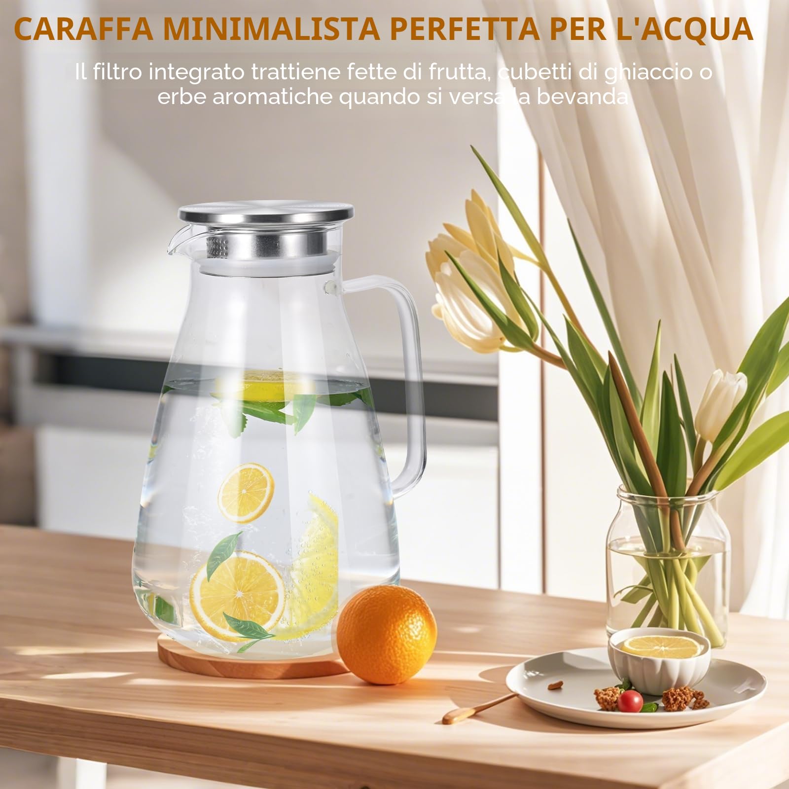 Caraffa in vetro da 2,2 litri, bollitore trasparente impermeabile con coperchio in acciaio inossidabile, bollitore sigillato e a prova di perdite, adatto per tè freddo, tè caldo, succo