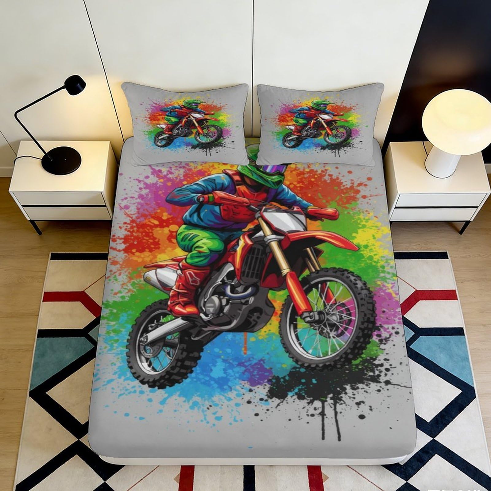 Dhbaneiok Style-10 3D Printed Motocross Splash Fitted Sheet Microfiber Soft Breathable Graffiti Motorcycle Bed Cover For Bedroom Dorm Decor 90X200x25cm