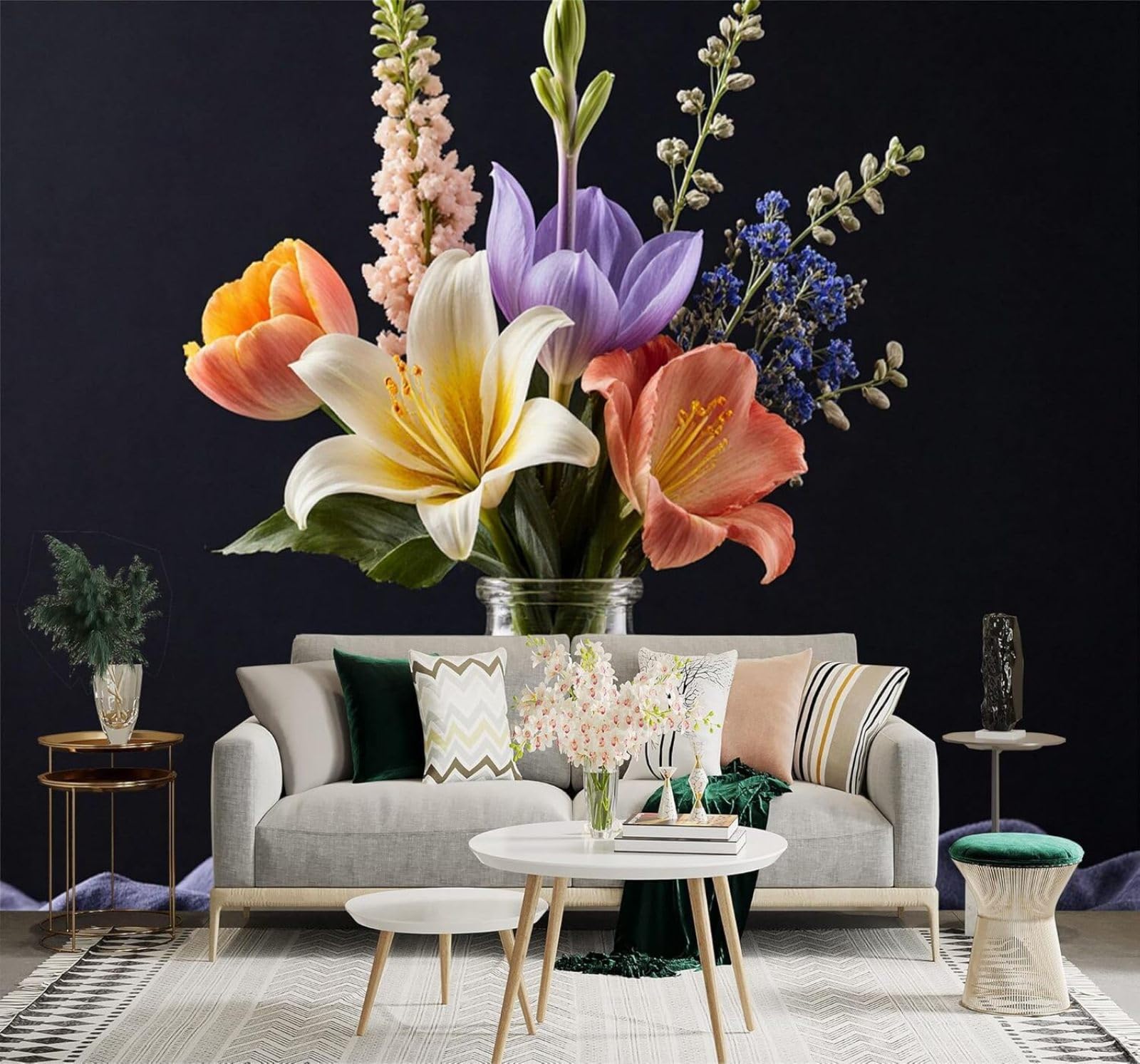 XLMING Beautiful Colourful Flowers in A Glass Vase Against A Black Background 3D Wallpaper Silky Texture Home Study Office Grey Dining Room Sofa Bedroom Living Room TV Backdrop-300cm×210cm