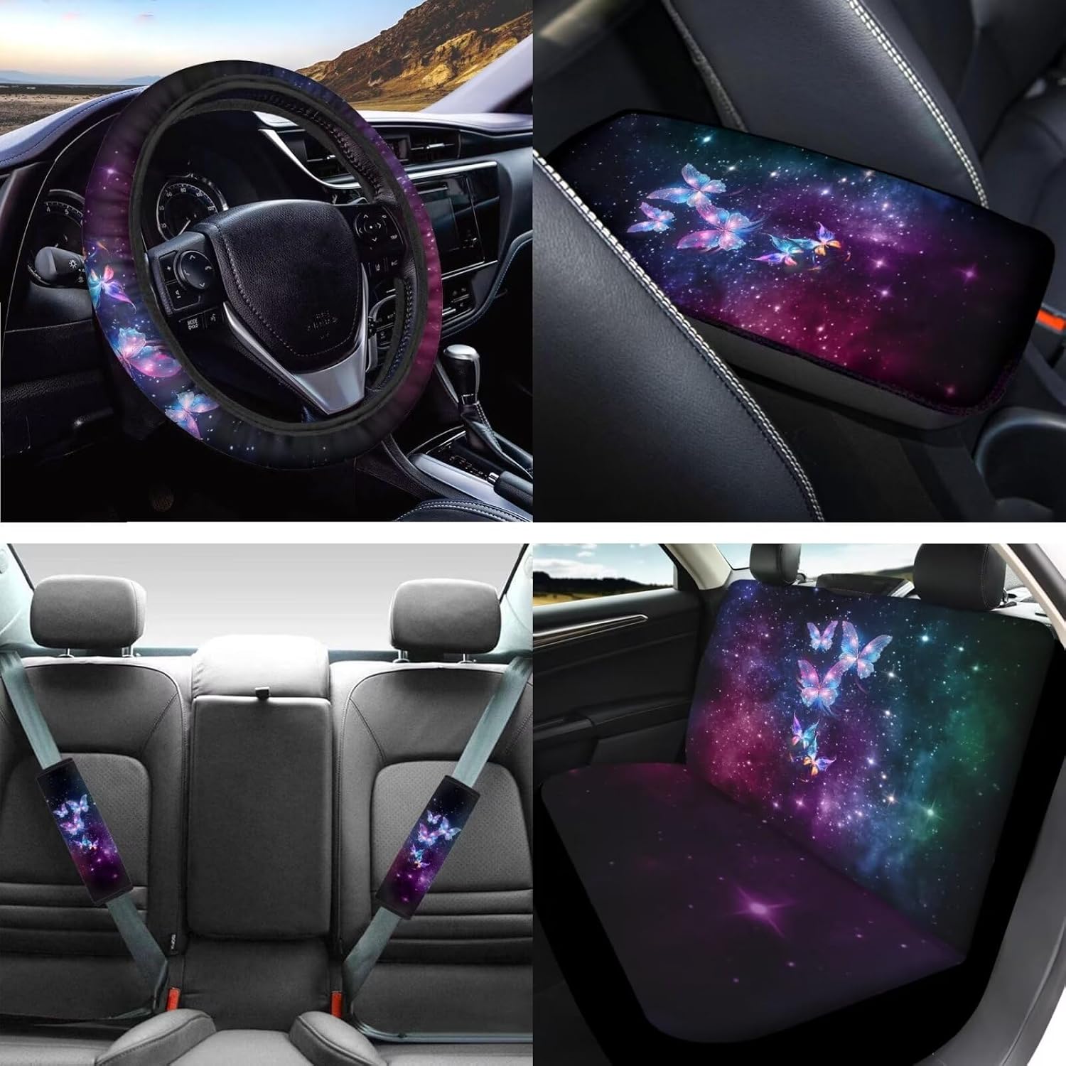 Galaxy Butterfly 8 Pcs Car Interior Accessories Decor Car Seat Covers Steering Wheel Grip Wrap Seat Belt Cover Car Armrest Cover Easy Install Clean