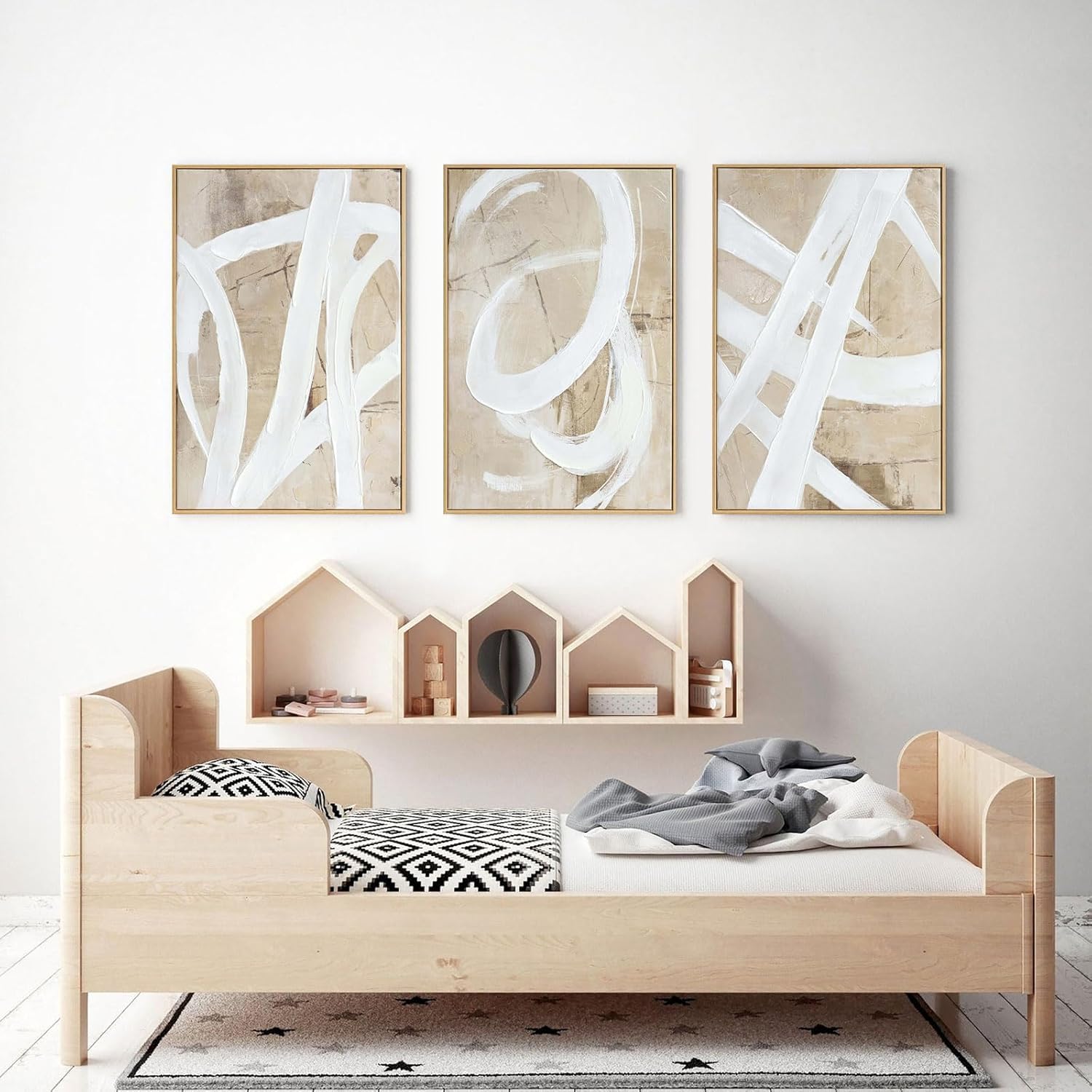 lianyibo Neutralna Abstrakcyjna Sztuka Ścienna Minimalistyczna Biały Brązowy Pastelowy Farba Strokes Kształty Plakaty Wydruki Living Room Dekoracja sypialni (70 x 90 cm x 3/Ramka wewnętrzna)