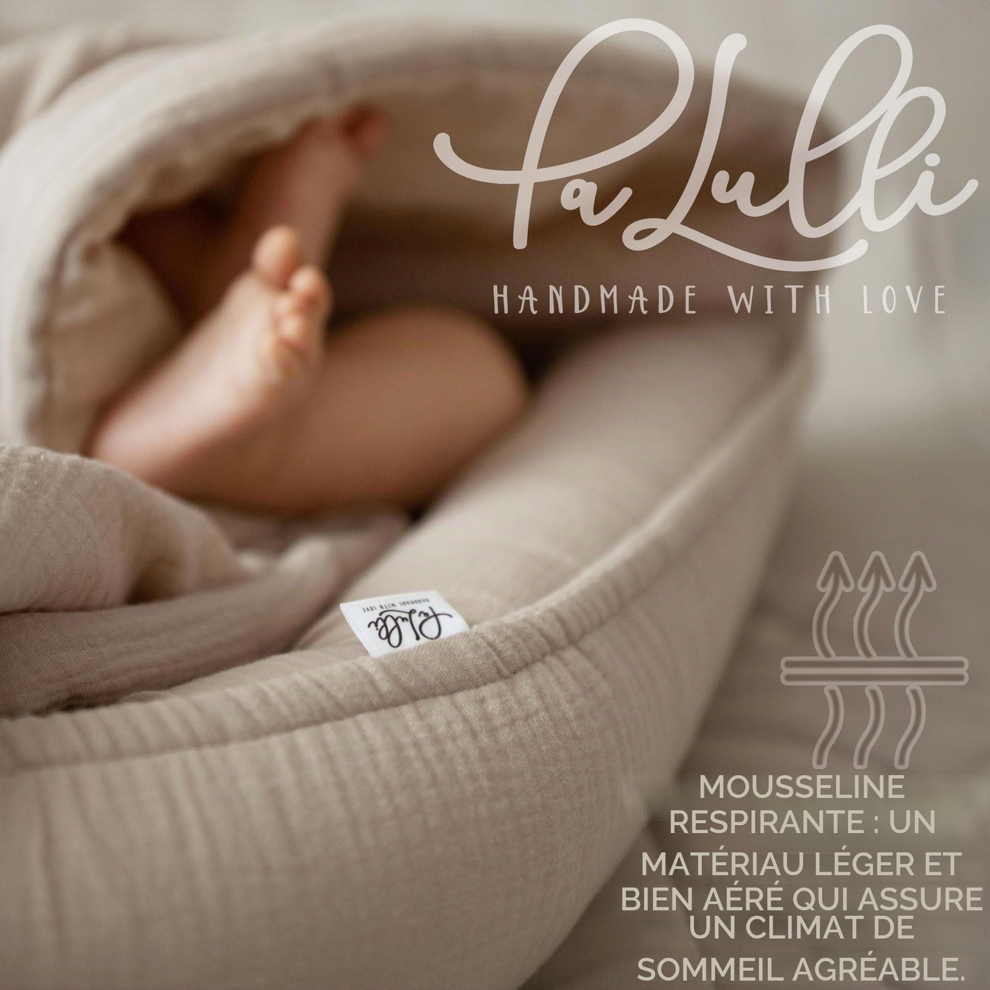 PaLulli® Nid bébé 2 en 1 en Mousseline de Coton – avec Couverture et Matelas Lavable | Cocon Douillet 100x60 cm | Fabriqué en Europe | Réglable et Respirant (Beige)