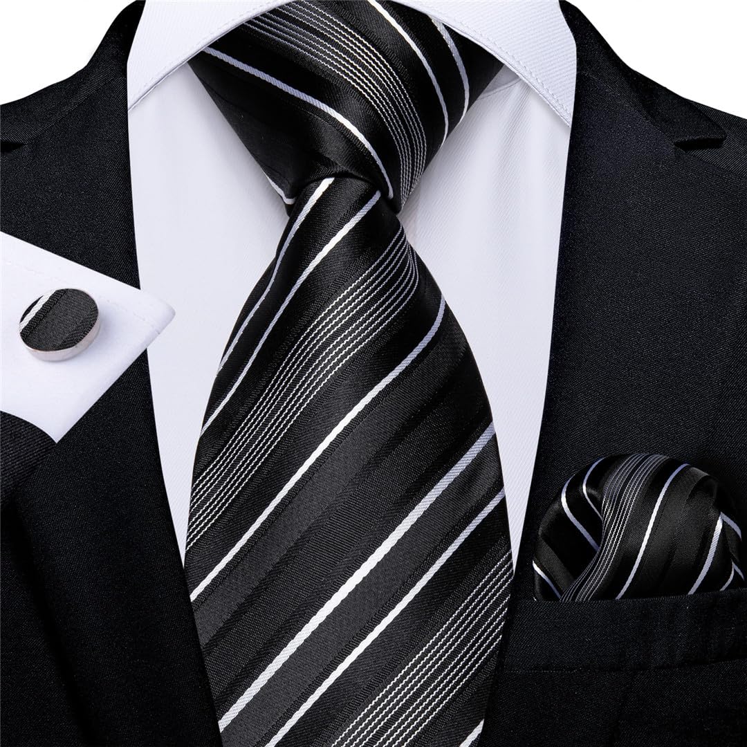 Wvapzxx Herren-Krawatten-Set, Seide, Polyester, Business-Party-Zubehör, Krawatte, Einstecktuch, Manschettenknöpfe, Schwarz / Weiß