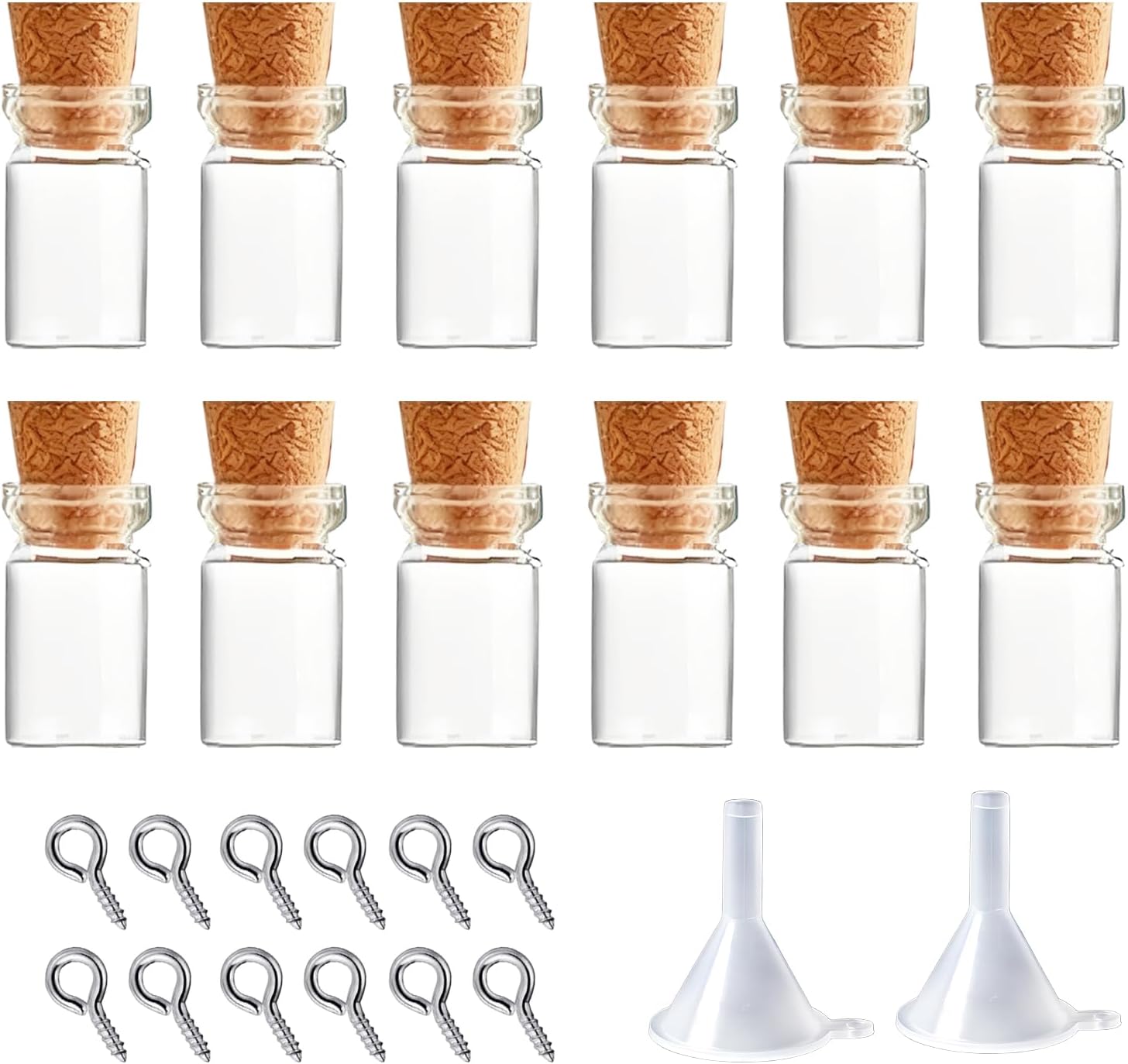 12 Sets Mini Glass Bottles with Cork Tiny Vials and Jars Miniature Bottle Charms with Eye Screws and Small Funnel Small Necklace Jar Accessories and DIY Keychain Craft Supplies(1ml)