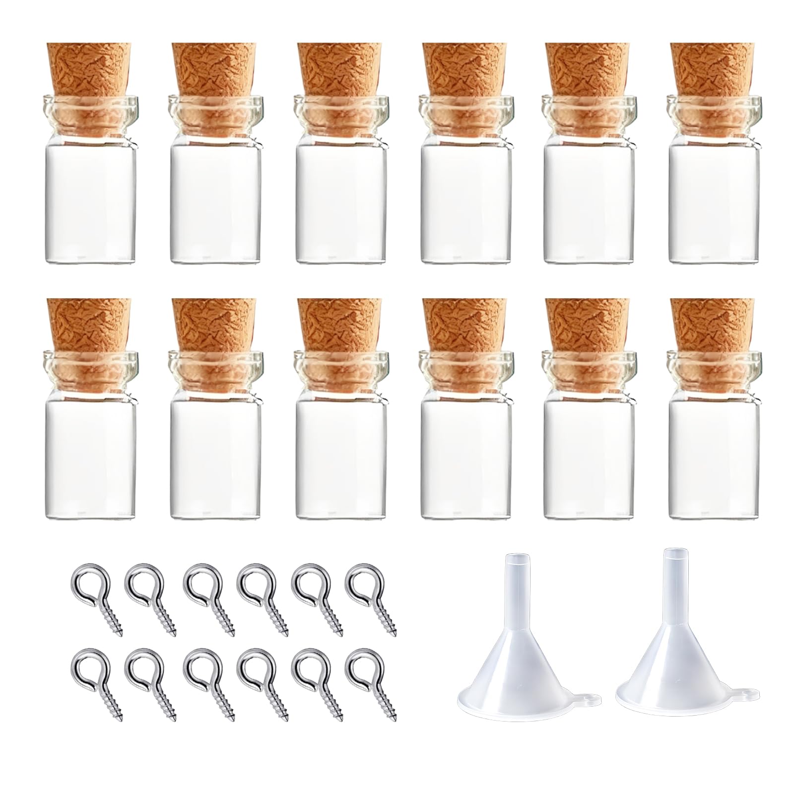 12 Sets Mini Glass Bottles with Cork Tiny Vials and Jars Miniature Bottle Charms with Eye Screws and Small Funnel Small Necklace Jar Accessories and DIY Keychain Craft Supplies(1ml)