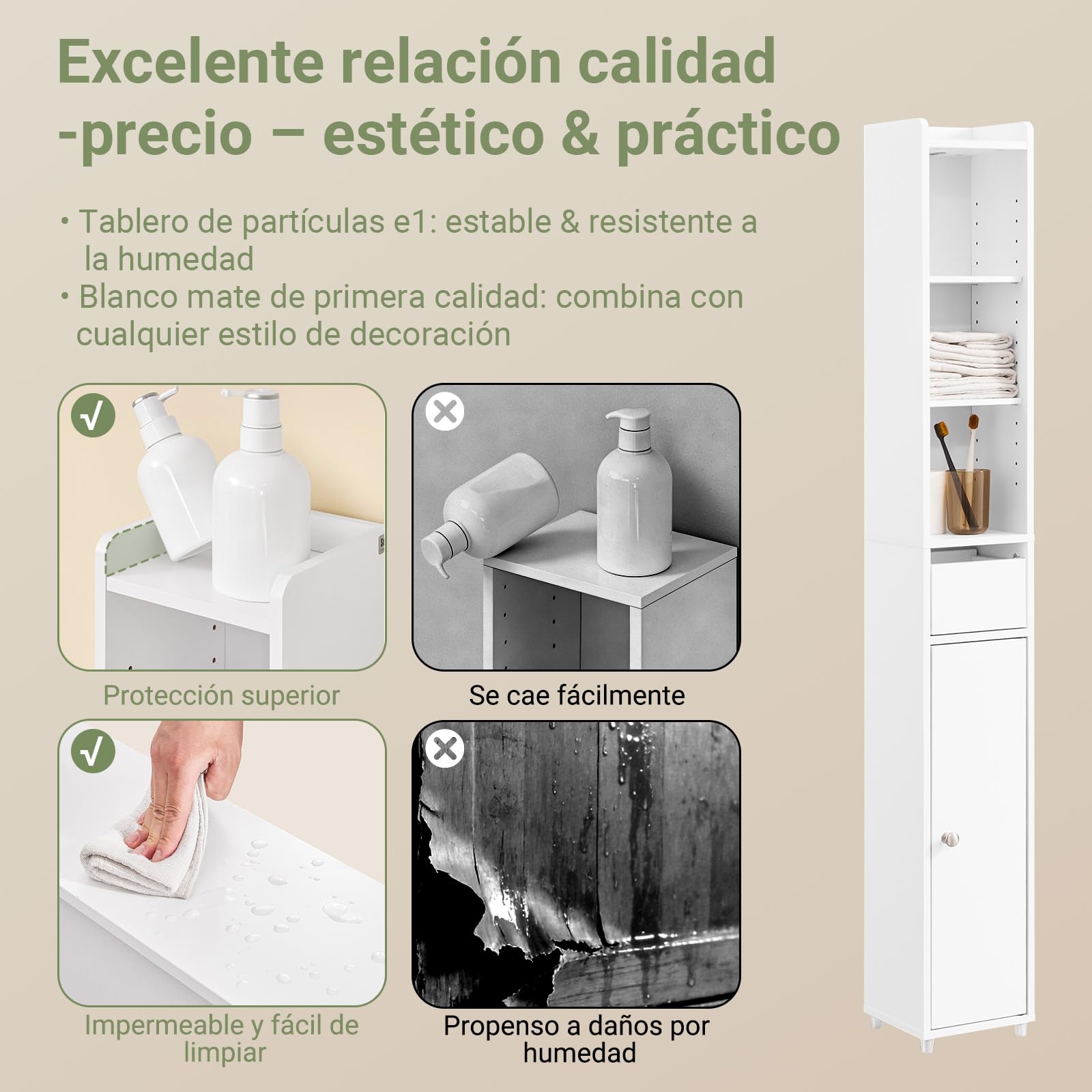 SoBuy Mueble Baño con Puerta y Cajón Estantería Multiusos 20x20x145cm | Armario Baño Estrecho, Columna Alta Mueble Auxiliar, Armario Almacenaje para Espacios Pequeños BZR34-K-W