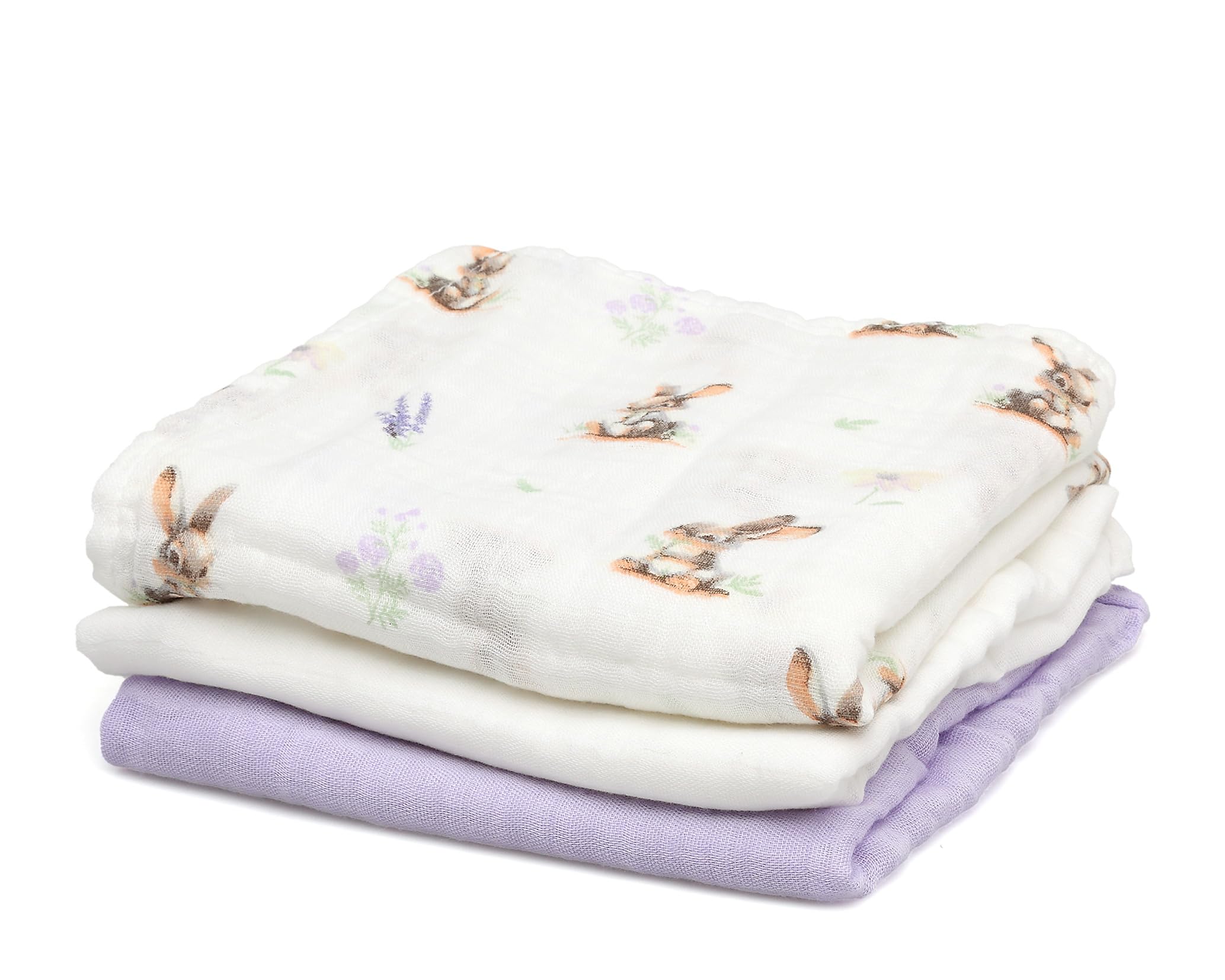 Kiokids | Set 3 Muselinas Conejitos, Lavanda y Blanco | Colección Petit Moments | 70% Bambú y 30% Algodón | Ultra Suaves | Antibacterianas y Termo Climáticas | Protector Rayos UV | +0 Meses | 70x70cm