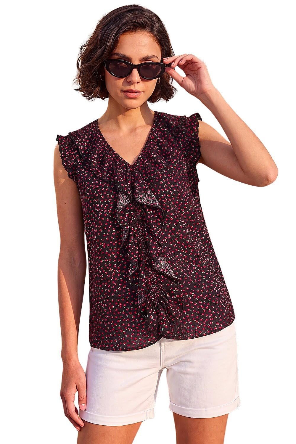 Roman Originals Floral Print Ruffle Front Top for Women UK - Ladies Everyday Holiday Spring Summer V-Neckline Comfy Soft Evening Vacation Work Party - Noir Floral - Size 18