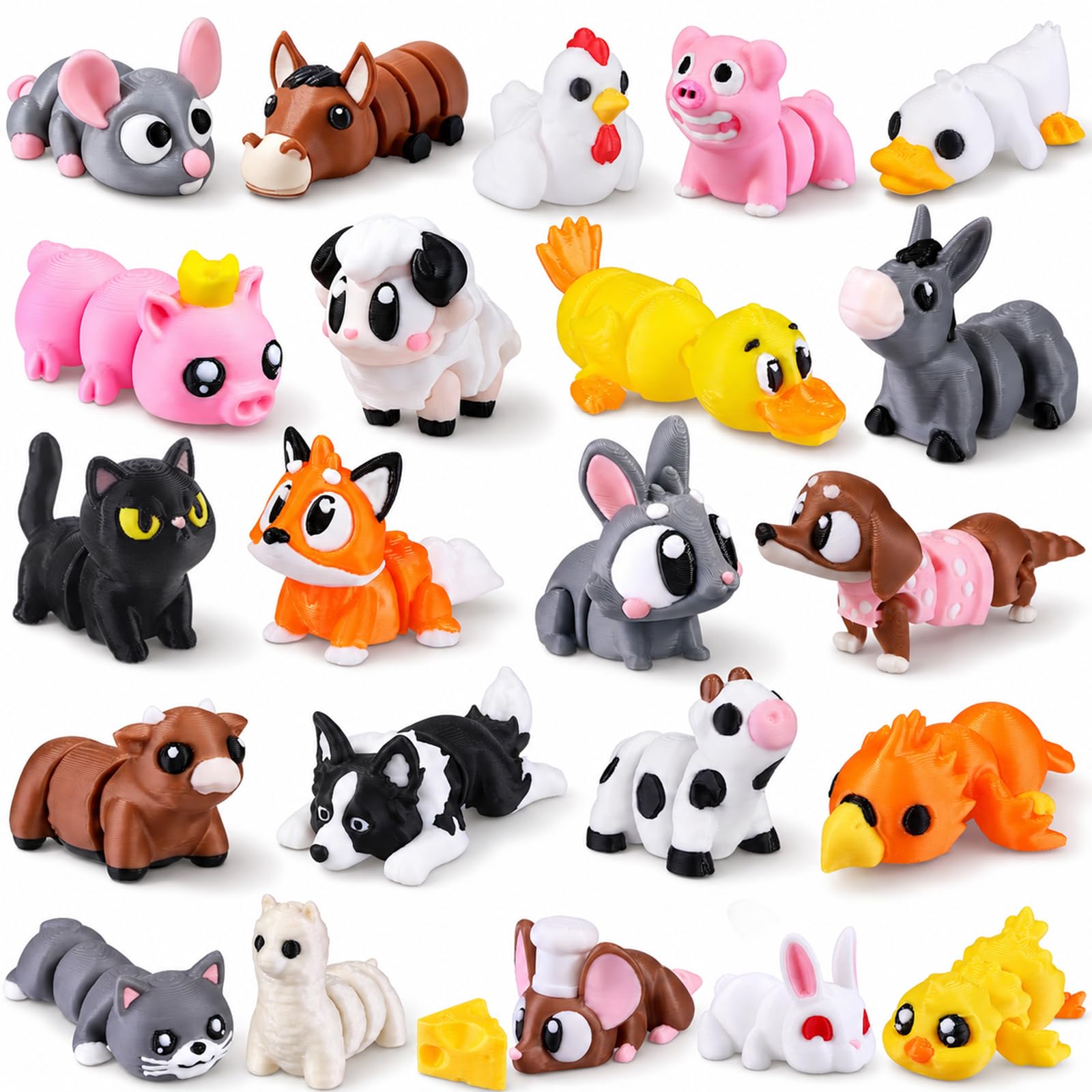 XIMISHOP 22Pcs 3D Printed Animals, Mini 3D Printed Farm Animals Movable Joint Animal Fidget for Desk Pets Stress Relief Sensory Toys Party Favors Goodie Bag Fillers(Farm Theme)