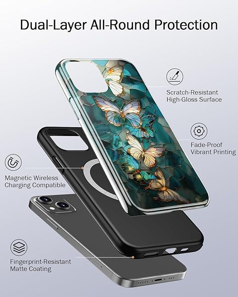 MERRO for iPhone 13 Mini Case,Cute Aesthetic Y2K Phone Cover with Wildflower Designs for Women,Dual-Layer Silicone & Hard Shell Defense,Wireless Charging Compatible - Azure Mosaic Butterfly - 2