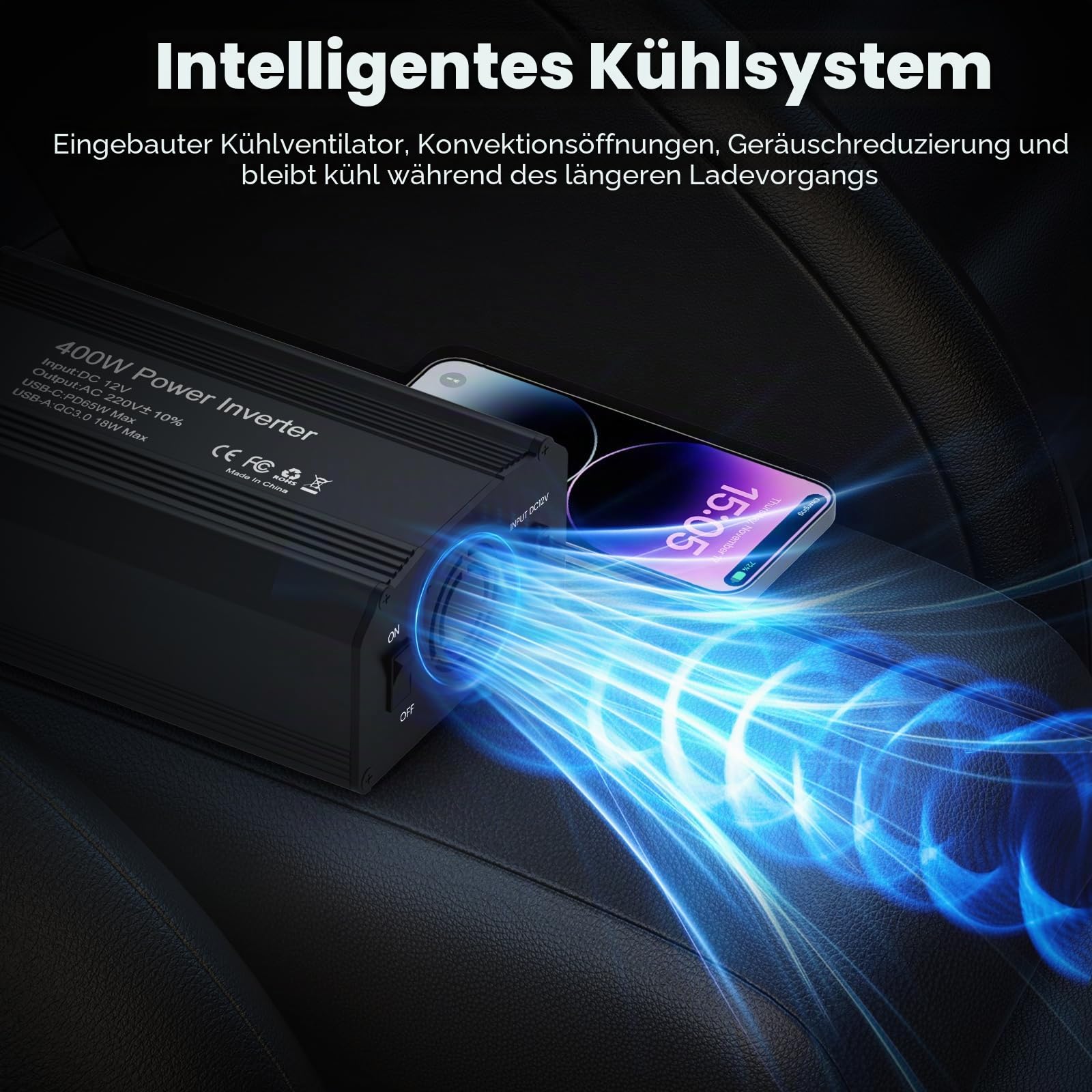 400W Auto Spannungswandler Wechselrichter DC 12 V auf 230 V mit Zigarettenanzünderstecker,1 Steckdosen und PD65W USB-C und USB-A Anschluss für Auto, Laden von Handys, Laptops und Anderen Geräten