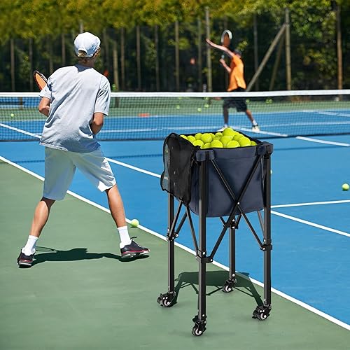 Miniatura 5 de GYMAX Tolva de pelota de tenis, carrito plegable para 150 pelotas de tenis con bolsa de transporte, marco de fácil montaje, bolsa extraíble y 4