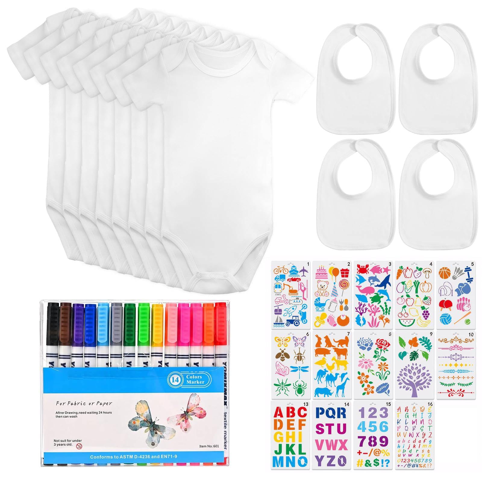 Rilcn 12 Stück Baby Lätzchen zum Bemalen Set – 8 Baumwoll Bodys Kurzarm & 4 Doppellagige Lätzchen, 14 Textilstifte & Vorlagen für Babyparty Spiele, DIY Babyshower Deko, Gender Reveal