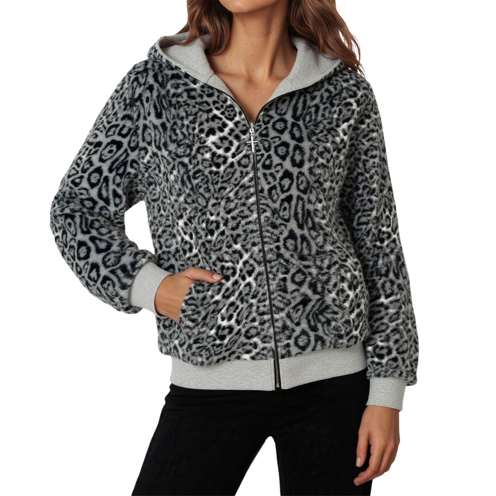 Sudadera reversible con cremallera y forro polar, cálida e informal, con cuello redondo y estampado de leopardo, para invierno, cuello alto, de algodón, fácil de lavar, con bolsillo lateral y térmica