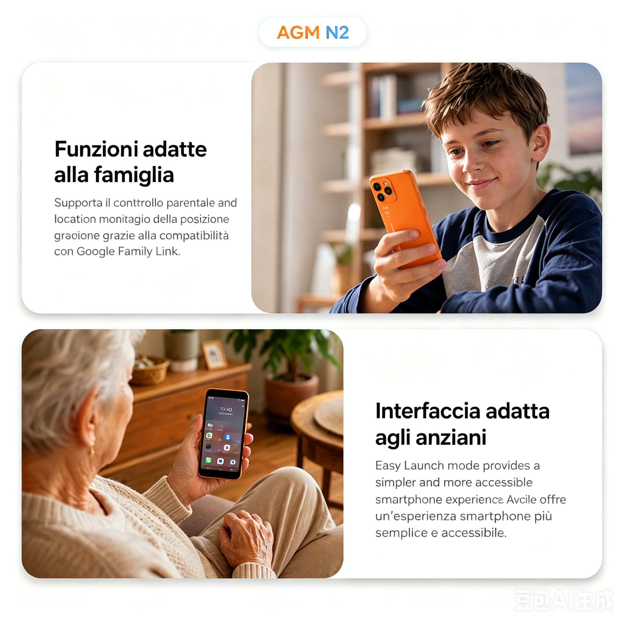 AGM N2 Mini Smartphone Android 16 3+32GB IP54 Doppia SIM Whatsapp 3000mAh | AGM N2 Mini Smartphone, Android 16 go, Schermo HD 4,96", 3GB+32GB, IP54 Doppia SIM, Batteria 3000mAh, WhatsApp, Arancione