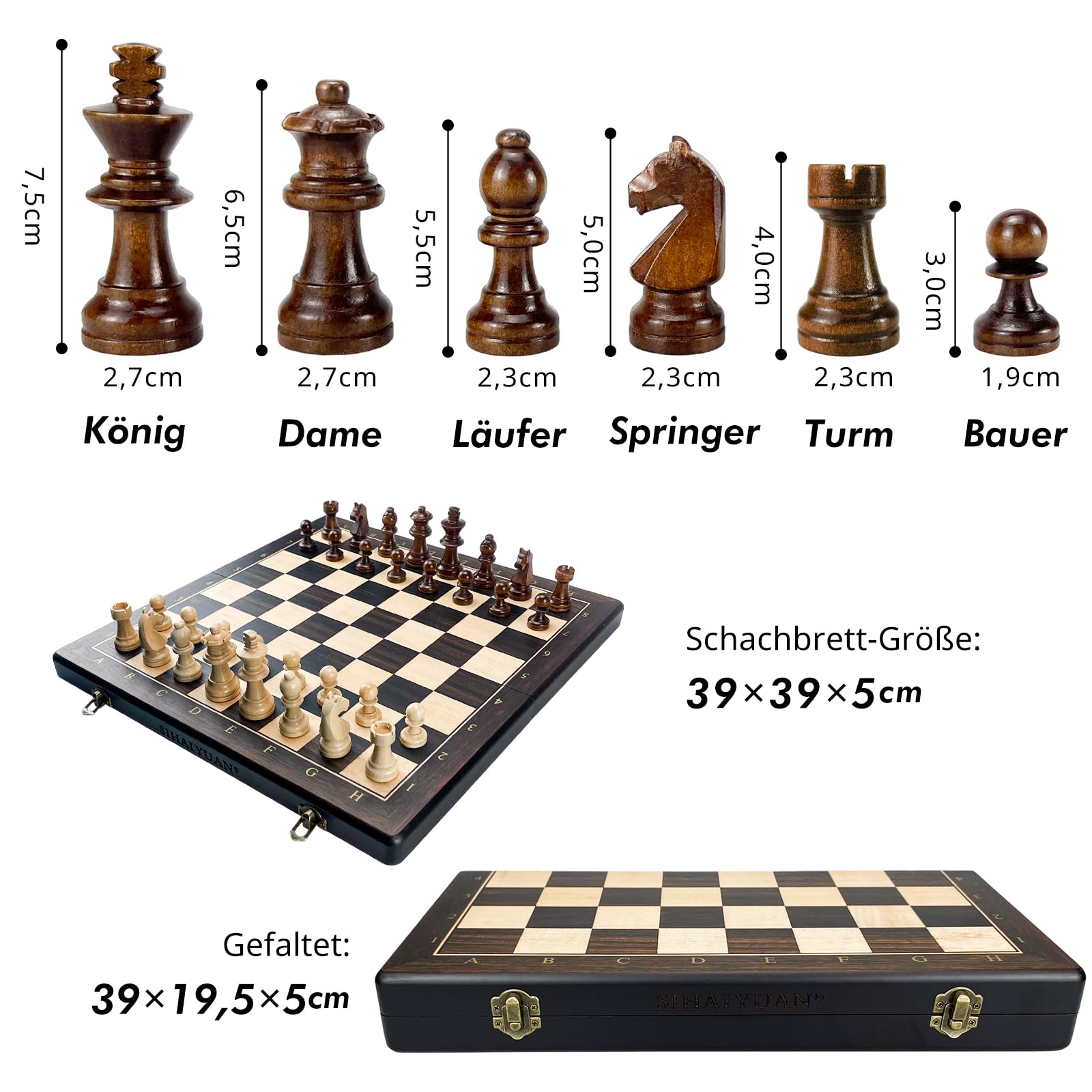 Schachspiel Holz Magnetisch – Faltbares Schachbrett 39 cm, Hochwertiges Wooden Chess Board mit 34 Staunton Figuren inkl. Extra Damen, Tragbares Schachspiel für Erwachsene & Kinder