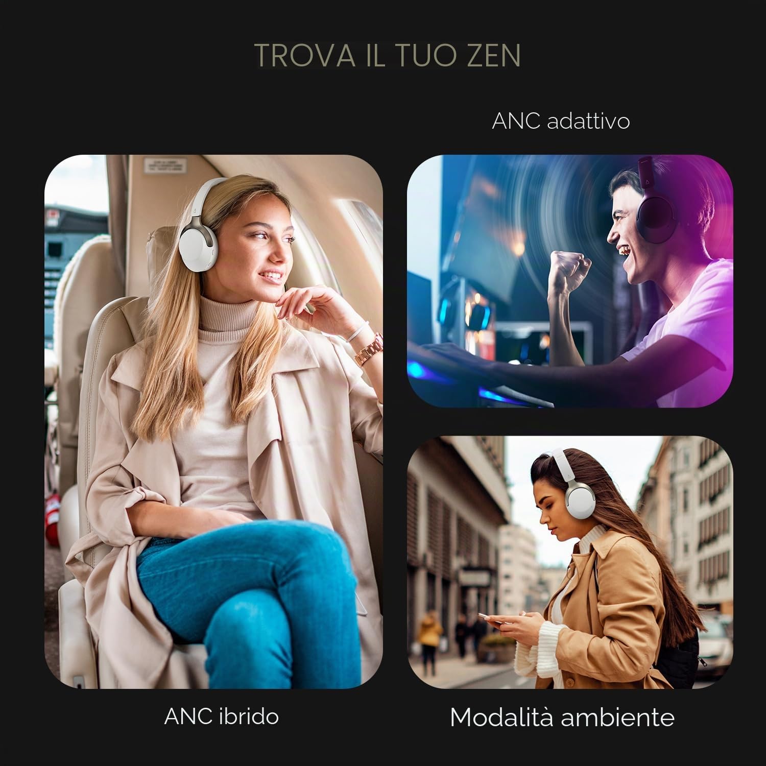 CREATIVE Zen Hybrid SXFI Cuffie over-ear wireless con tecnologia Super X-Fi, Cancellazione Attiva del Rumore Ibrida Adattiva, Modalità Ambiente, fino a 70 ore, modalità a bassa latenza (Light Gray)