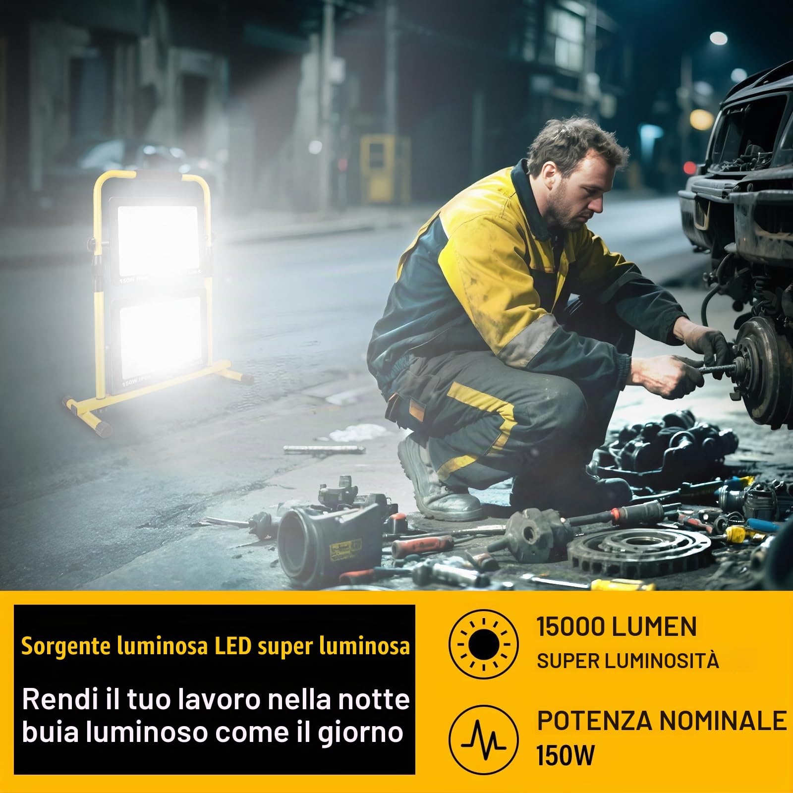 SKYWORLD 300W Faretto Led da Cantiere, 30000LM Faro da Cantiere Portatile | Proiettori Faretti Led con 5M Cavo e Spina, Impermeabile Lampada per Lavori Officina Garage Giardino Cantieri, 6000K Bianco