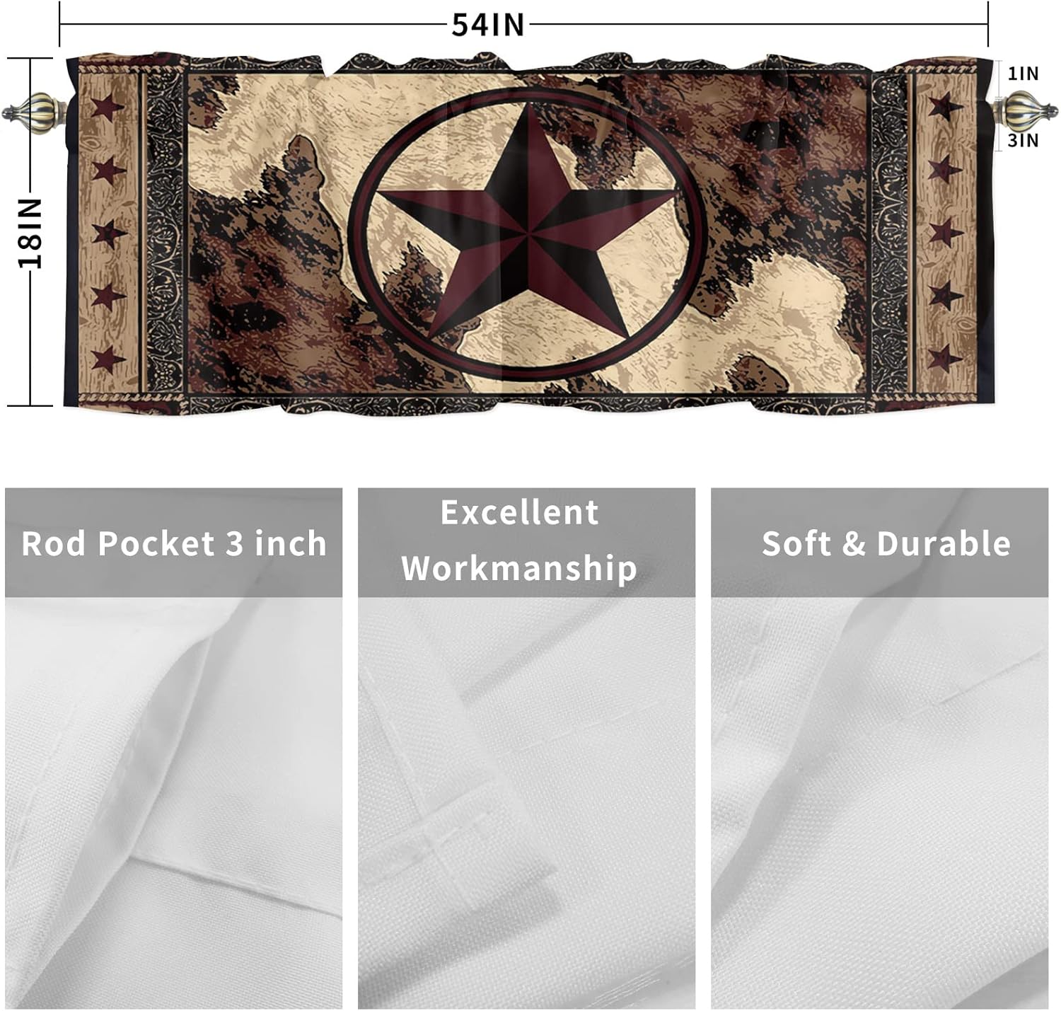 Texas Stars Kitchen Curtain Valance and Tiers Set 3 Pieces Western Valances for Window Vintage World Map Rod Pocket Treatments Curtains Valance Tier Sets for Living Room Bedroom Window 54x24 Inch