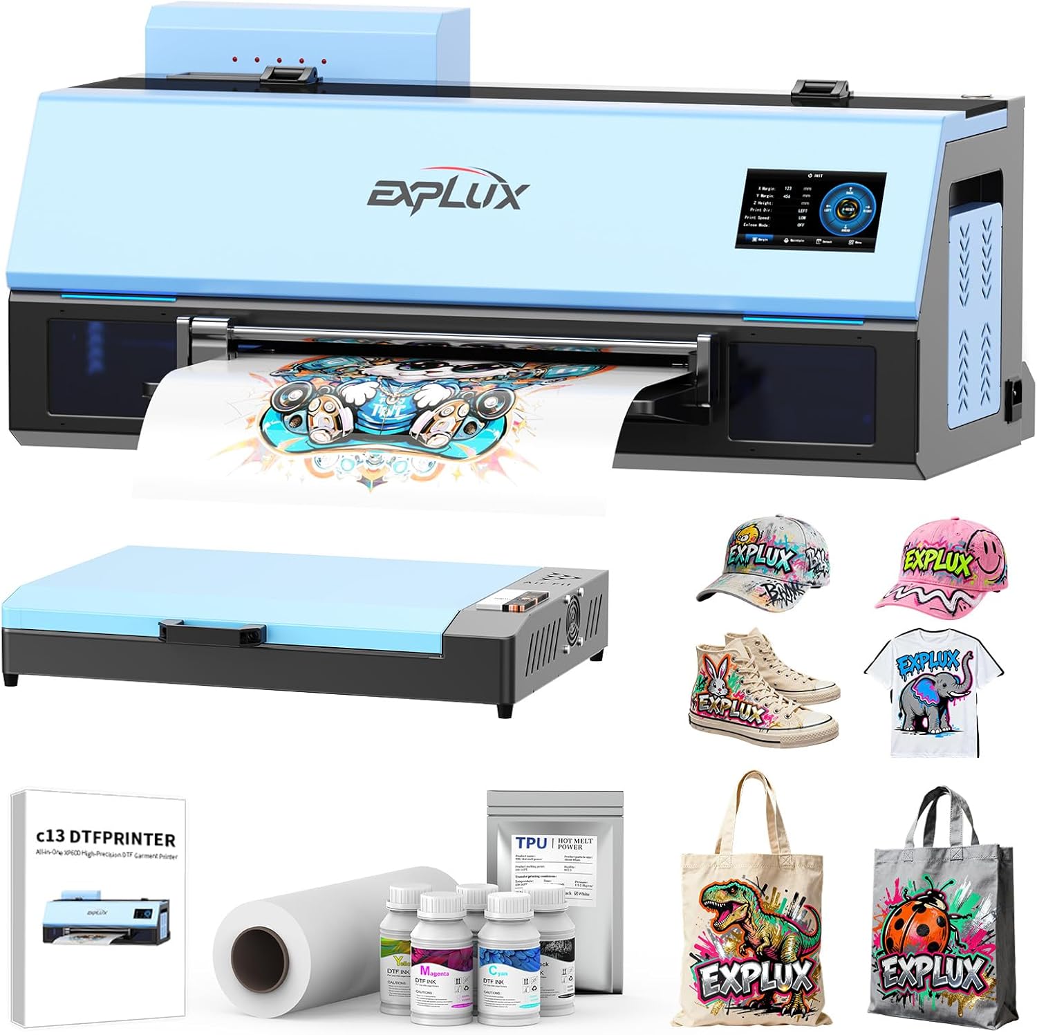 EXPLUX A3 DTF Printer,XP600 Turbo Printhead, 2X Faster Output, Anti-Clog Design + Low-Ink Warning+LED Multi-Function Display,Multi-Material Compatible,Gift Ink 2 Year(A3 Printer+Oven)